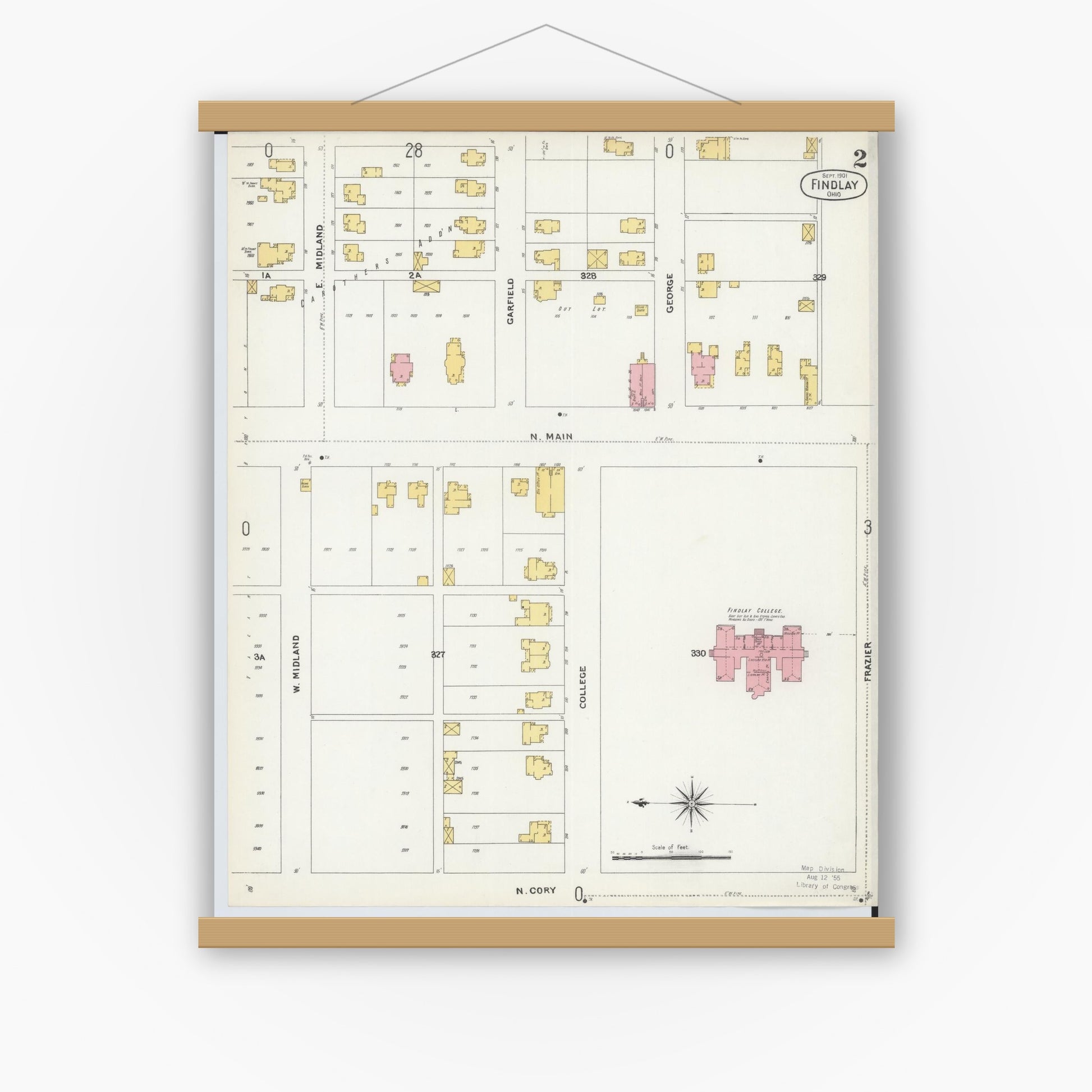 Old map wall art mockup — magnetic wood frame on white wall — Sanborn Fire Insurance Map from Findlay, Hancock County, Ohio (1901), Sheet #0002