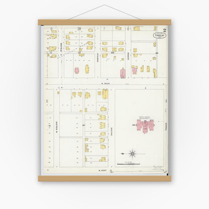 Old map wall art mockup — magnetic wood frame on white wall — Sanborn Fire Insurance Map from Findlay, Hancock County, Ohio (1901), Sheet #0002