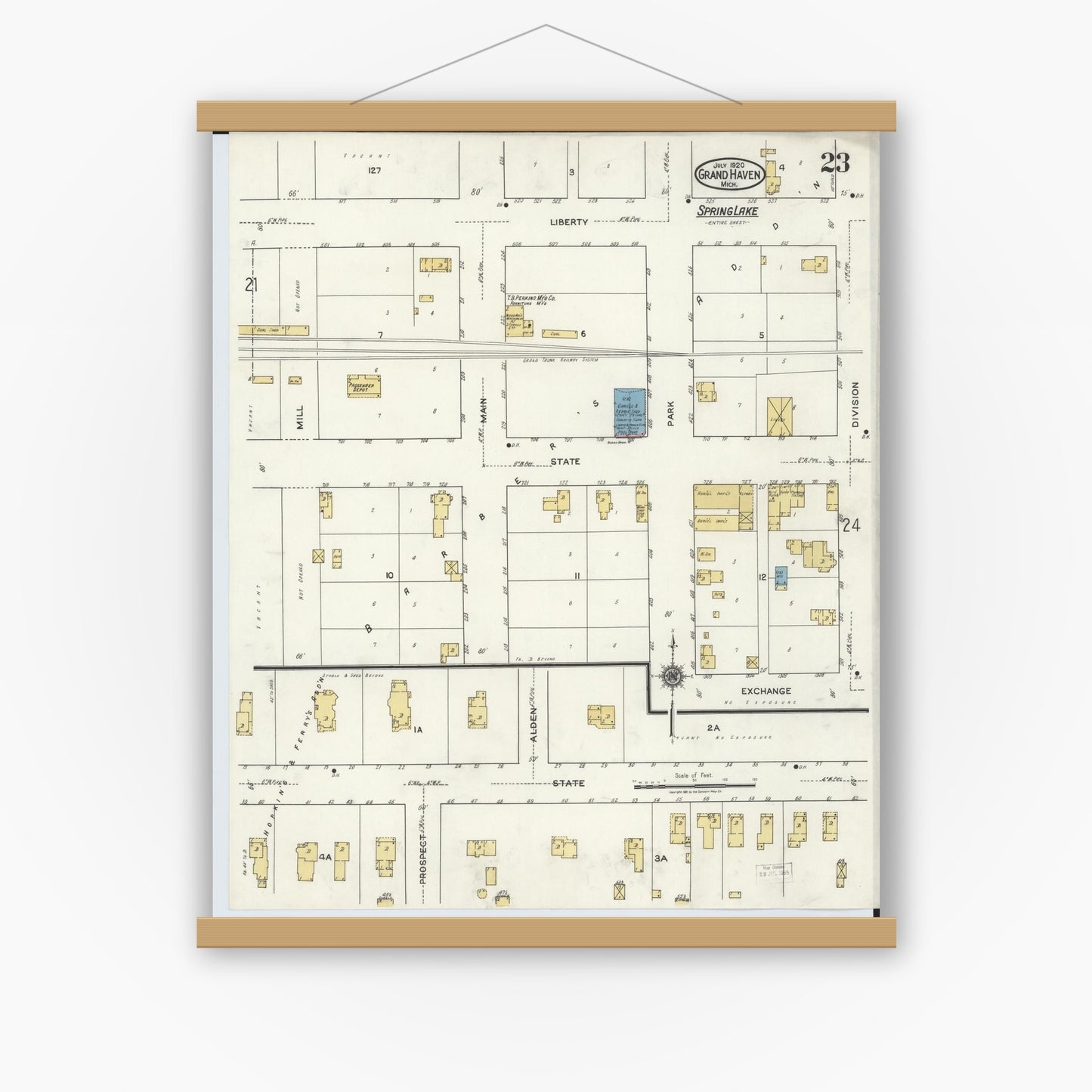 Old map wall art mockup — magnetic wood frame on white wall — Sanborn Fire Insurance Map from Grand Haven, Ottawa County, Michigan (1920), Sheet #0023