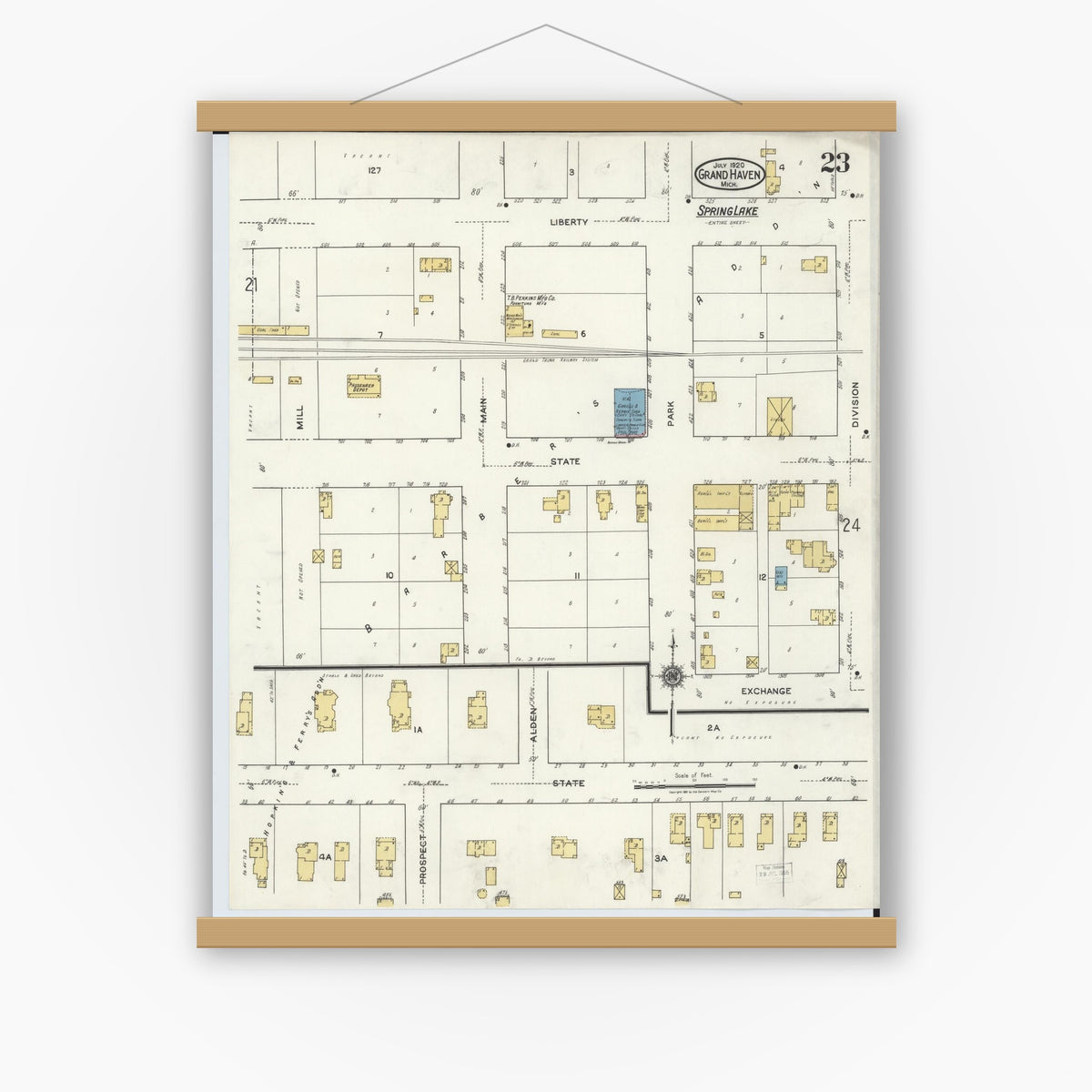 Old map wall art mockup — magnetic wood frame on white wall — Sanborn Fire Insurance Map from Grand Haven, Ottawa County, Michigan (1920), Sheet #0023