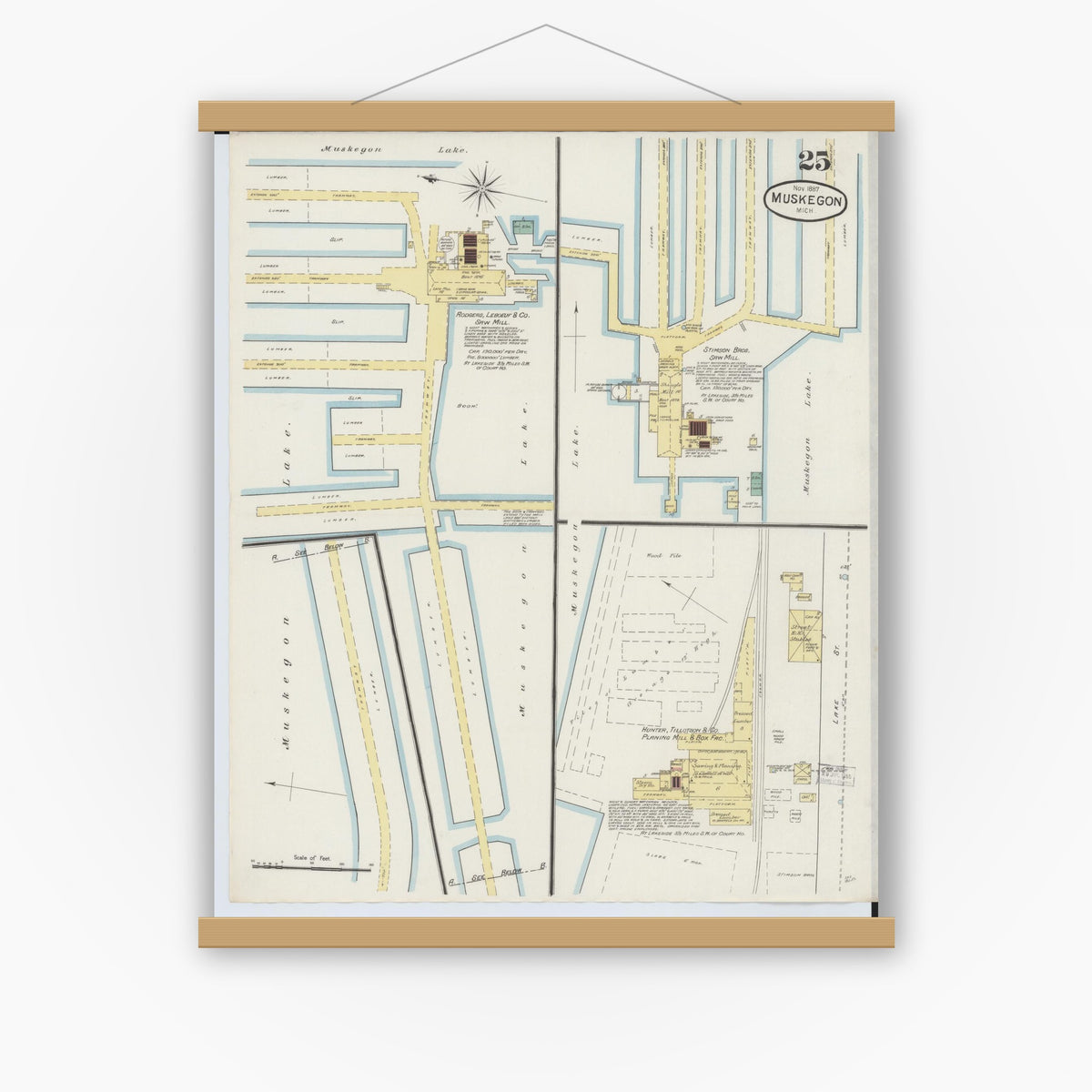 Old map wall art mockup — magnetic wood frame on white wall — Sanborn Fire Insurance Map from Muskegon, Muskegon County, Michigan (1887), Sheet #0025