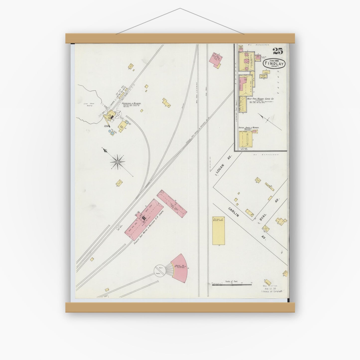 Old map wall art mockup — magnetic wood frame on white wall — Sanborn Fire Insurance Map from Findlay, Hancock County, Ohio (1895), Sheet #0025
