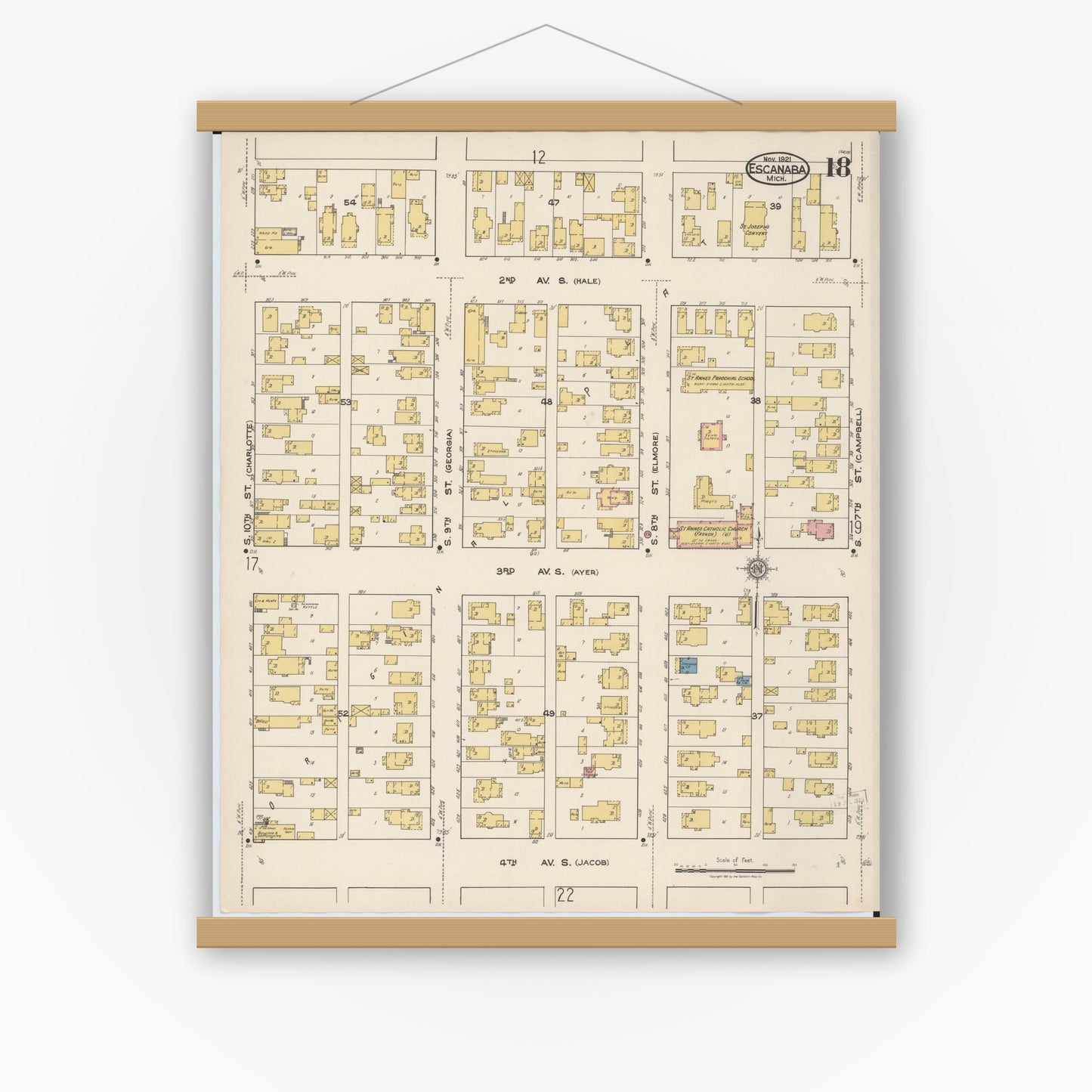 Old map wall art mockup — magnetic wood frame on white wall — Sanborn Fire Insurance Map from Escanaba, Delta County, Michigan (1921), Sheet #0018
