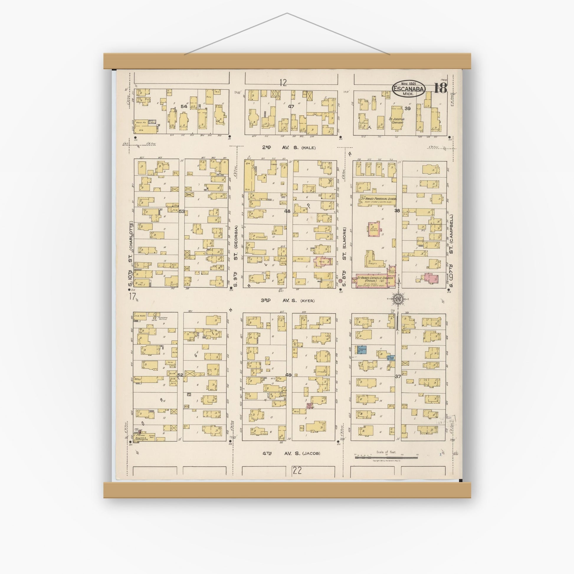 Old map wall art mockup — magnetic wood frame on white wall — Sanborn Fire Insurance Map from Escanaba, Delta County, Michigan (1921), Sheet #0018