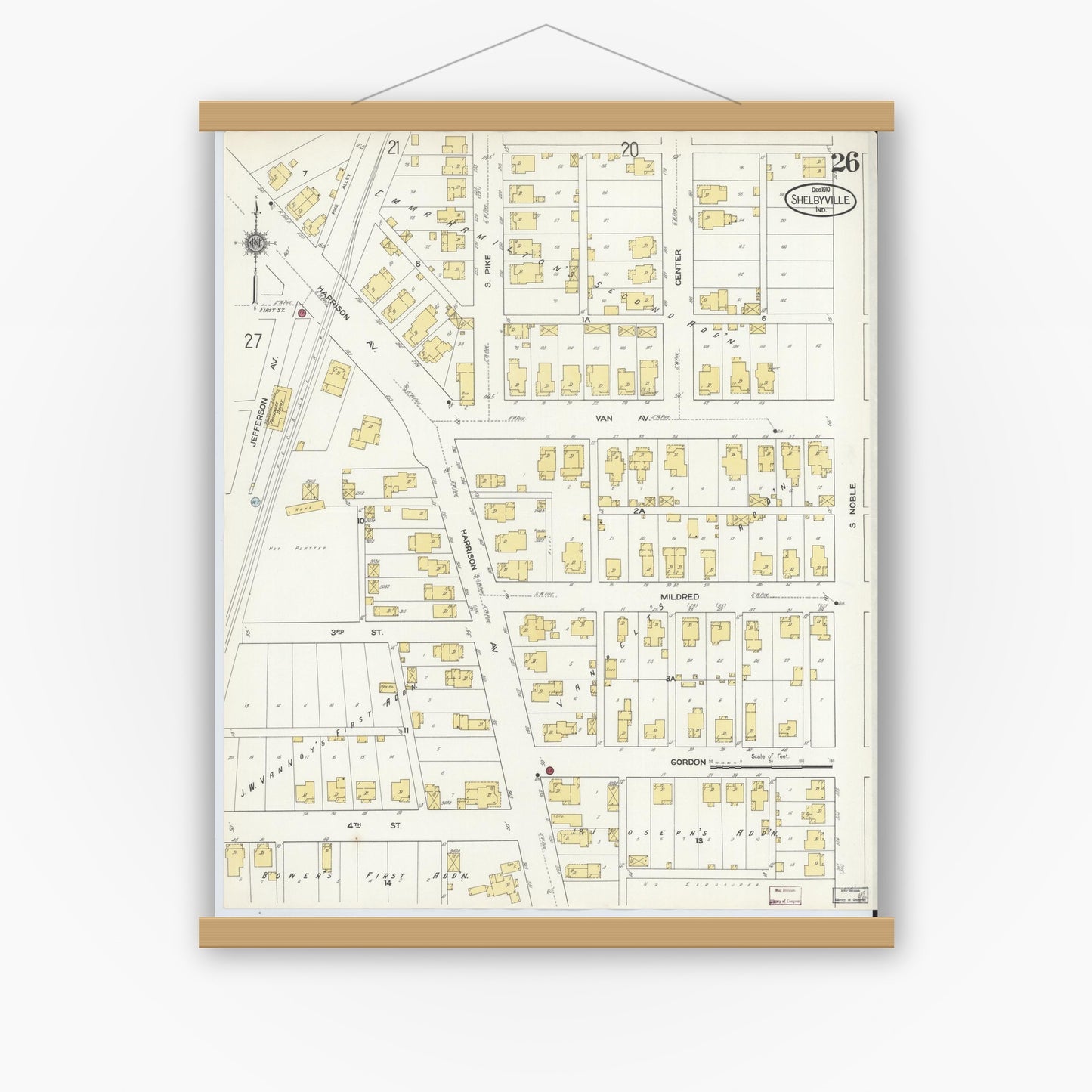 Old map wall art mockup — magnetic wood frame on white wall — Sanborn Fire Insurance Map from Shelbyville, Shelby County, Indiana (1910), Sheet #0026