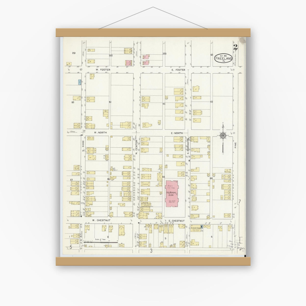 Old map wall art mockup — magnetic wood frame on white wall — Sanborn Fire Insurance Map from Freeland, Luzerne County, Pennsylvania (1912), Sheet #0002