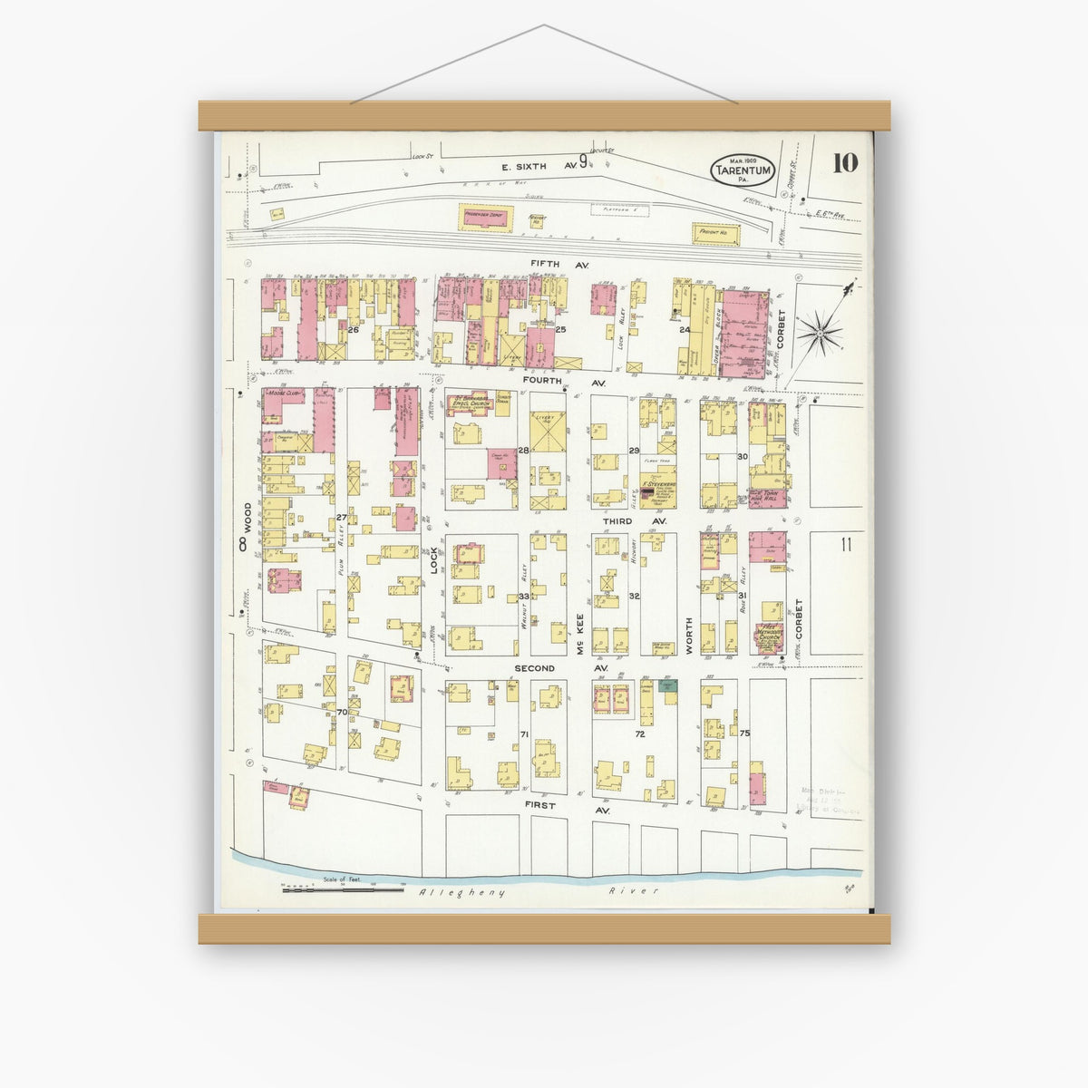 Old map wall art mockup — magnetic wood frame on white wall — Sanborn Fire Insurance Map from Tarentum, Allegheny County, Pennsylvania (1909), Sheet #0010