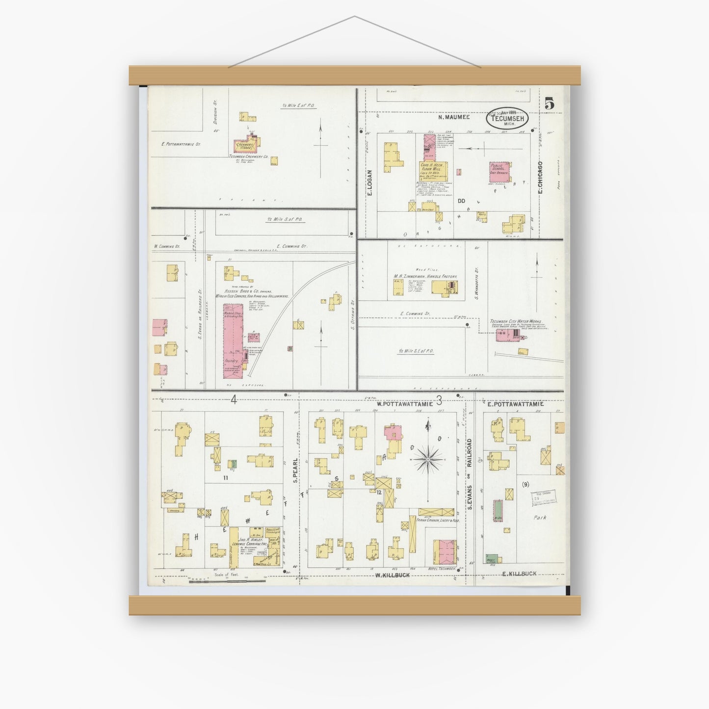 Old map wall art mockup — magnetic wood frame on white wall — Sanborn Fire Insurance Map from Tecumseh, Lenawee County, Michigan (1899), Sheet #0005