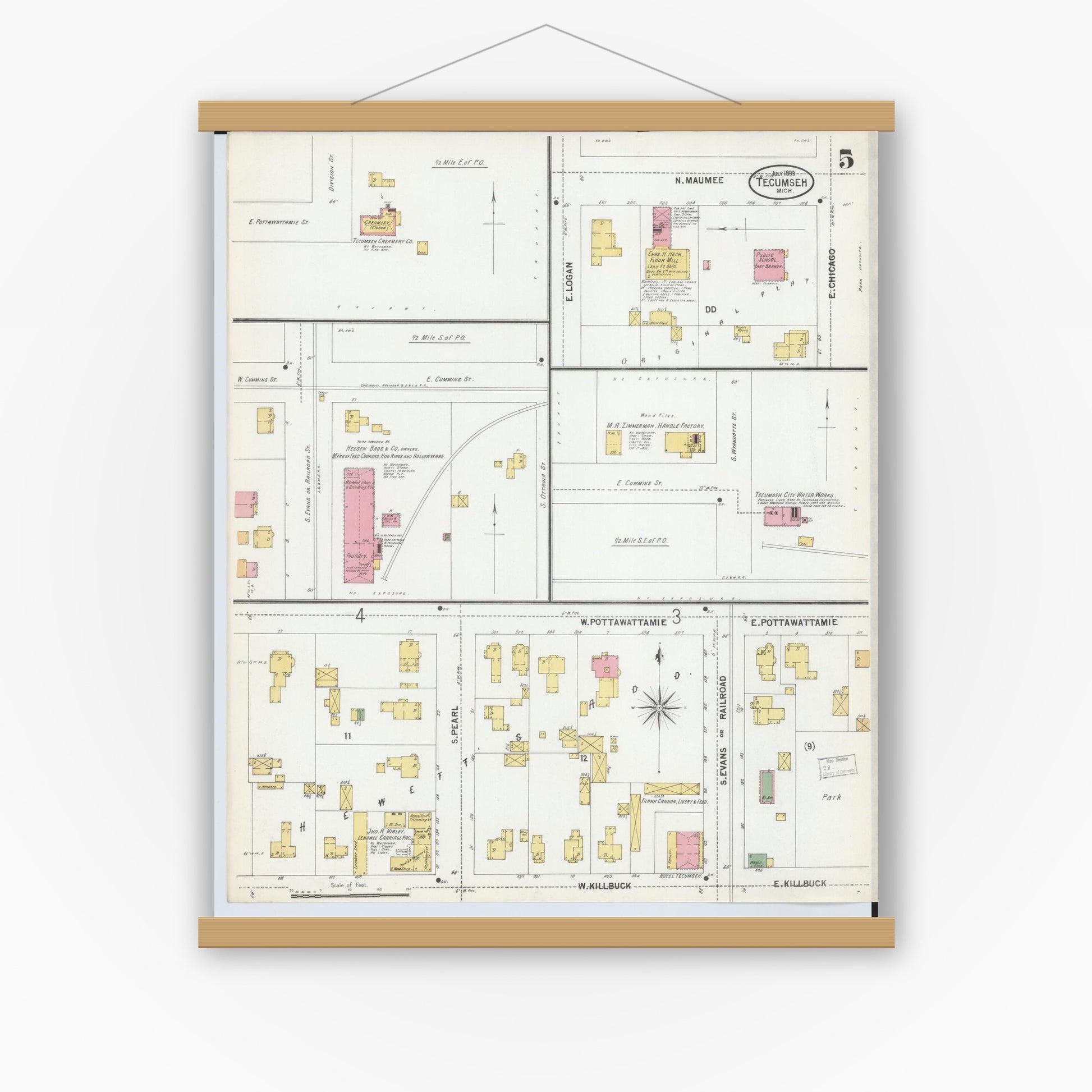 Old map wall art mockup — magnetic wood frame on white wall — Sanborn Fire Insurance Map from Tecumseh, Lenawee County, Michigan (1899), Sheet #0005