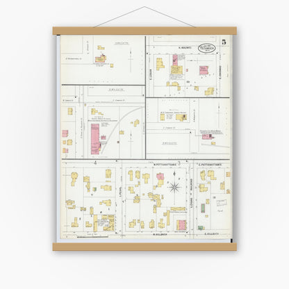 Old map wall art mockup — magnetic wood frame on white wall — Sanborn Fire Insurance Map from Tecumseh, Lenawee County, Michigan (1899), Sheet #0005