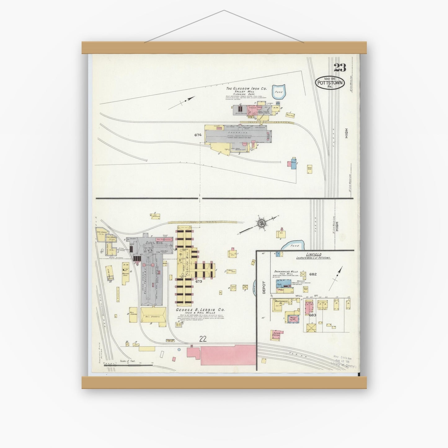 Old map wall art mockup — magnetic wood frame on white wall — Sanborn Fire Insurance Map from Pottstown, Montgomery County, Pennsylvania (1916), Sheet #0023