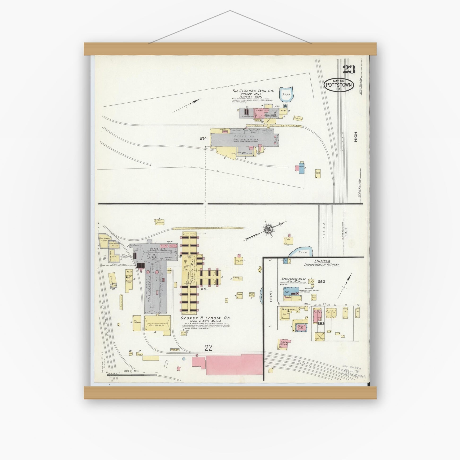 Old map wall art mockup — magnetic wood frame on white wall — Sanborn Fire Insurance Map from Pottstown, Montgomery County, Pennsylvania (1916), Sheet #0023