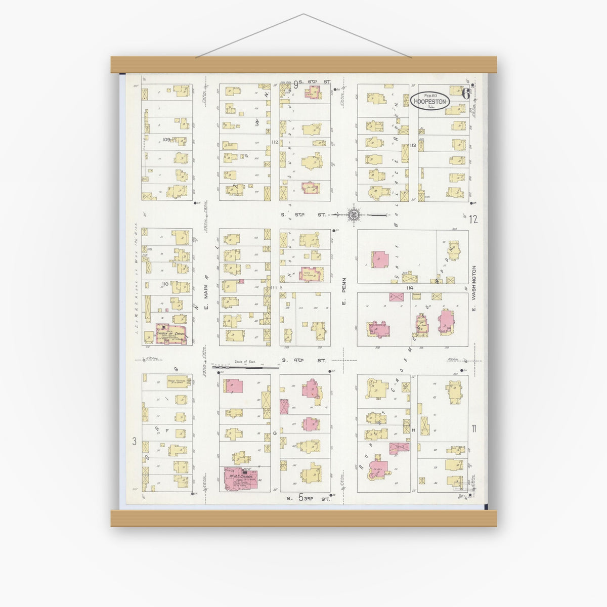 Old map wall art mockup — magnetic wood frame on white wall — Sanborn Fire Insurance Map from Hoopeston, Vermilion County, Illinois (1913), Sheet #0006