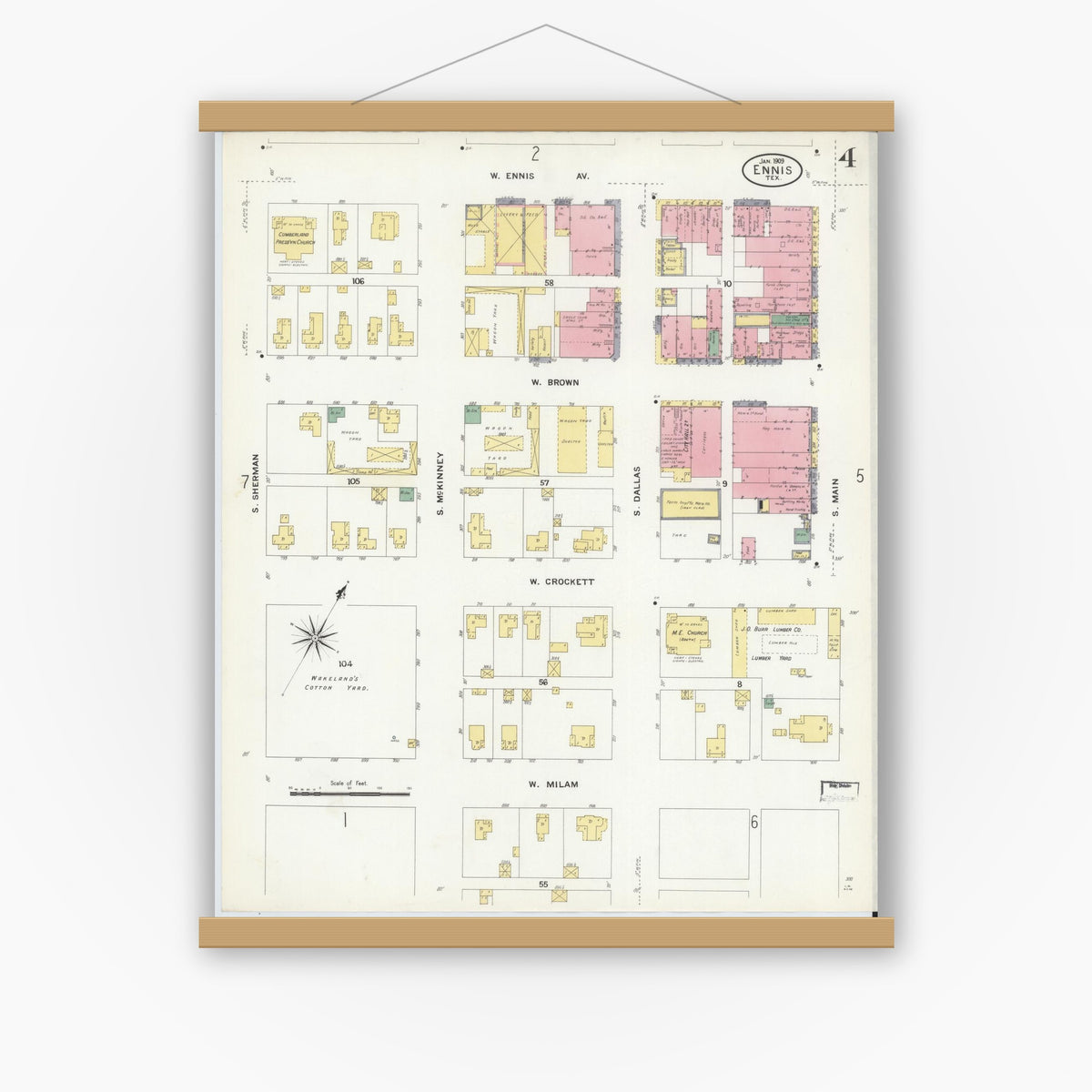 Old map wall art mockup — magnetic wood frame on white wall — Sanborn Fire Insurance Map from Ennis, Ellis County, Texas (1909), Sheet #0004