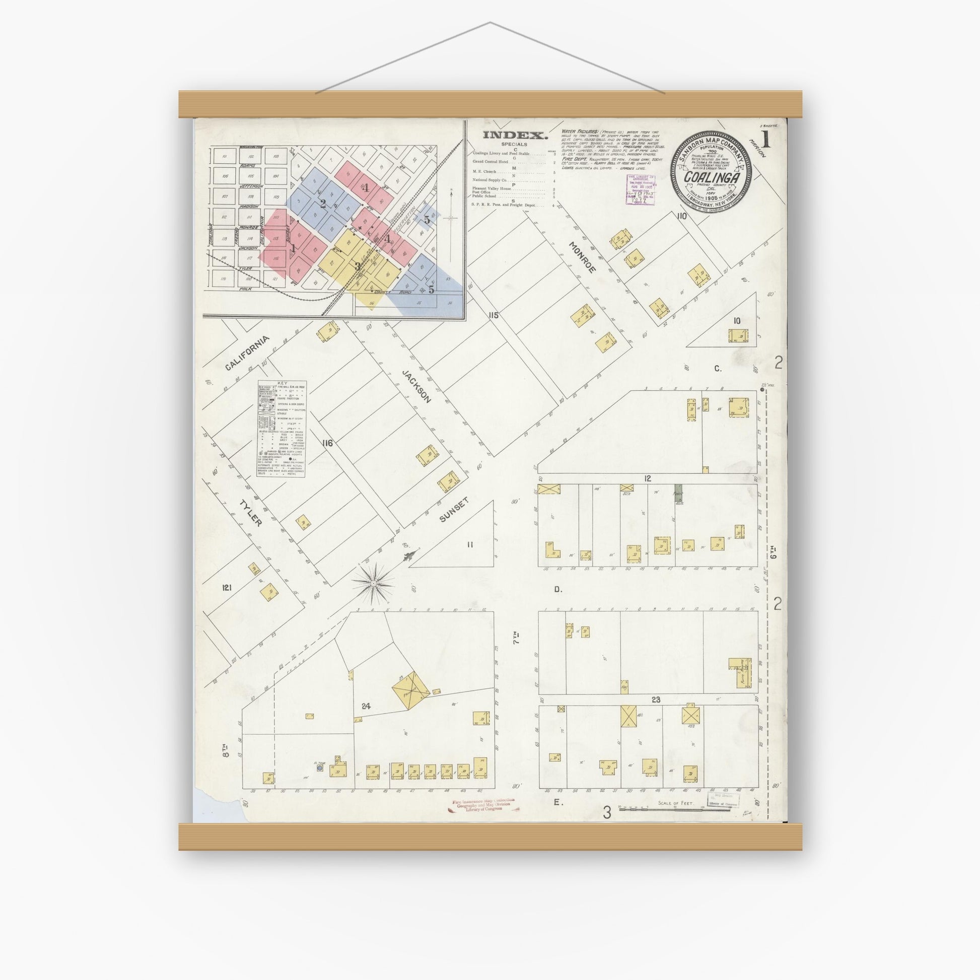 Old map wall art mockup — magnetic wood frame on white wall — Sanborn Fire Insurance Map from Coalinga, Fresno County, California (1905), Sheet #0001