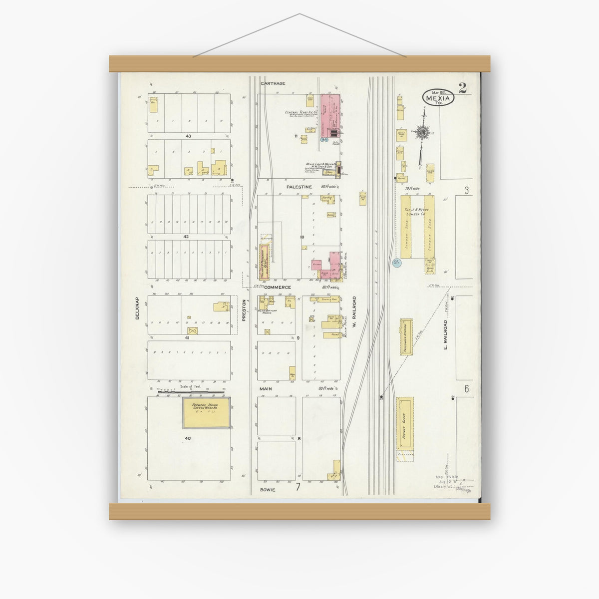 Old map wall art mockup — magnetic wood frame on white wall — Sanborn Fire Insurance Map from Mexia, Limestone County, Texas (1911), Sheet #0002