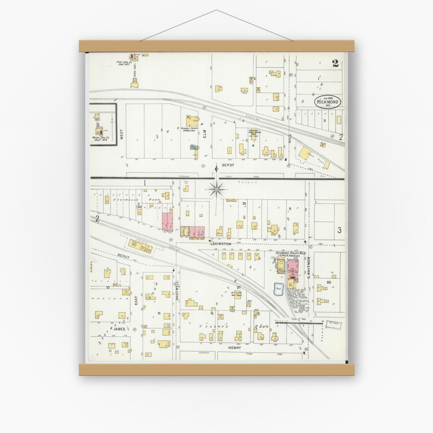 Old map wall art mockup — magnetic wood frame on white wall — Sanborn Fire Insurance Map from Richmond, Ray County, Missouri (1899), Sheet #0002