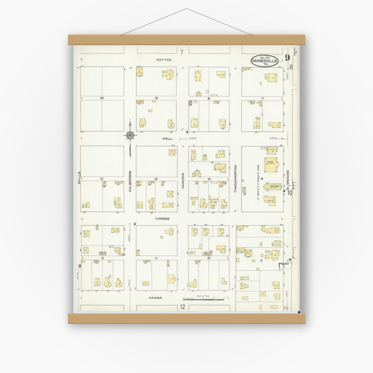 Old map wall art mockup — magnetic wood frame on white wall — Sanborn Fire Insurance Map from Gainesville, Cooke County, Texas (1913), Sheet #0009