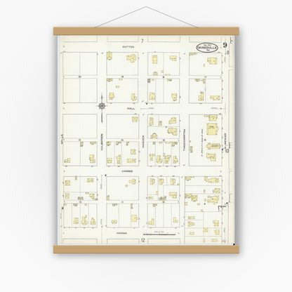 Old map wall art mockup — magnetic wood frame on white wall — Sanborn Fire Insurance Map from Gainesville, Cooke County, Texas (1913), Sheet #0009