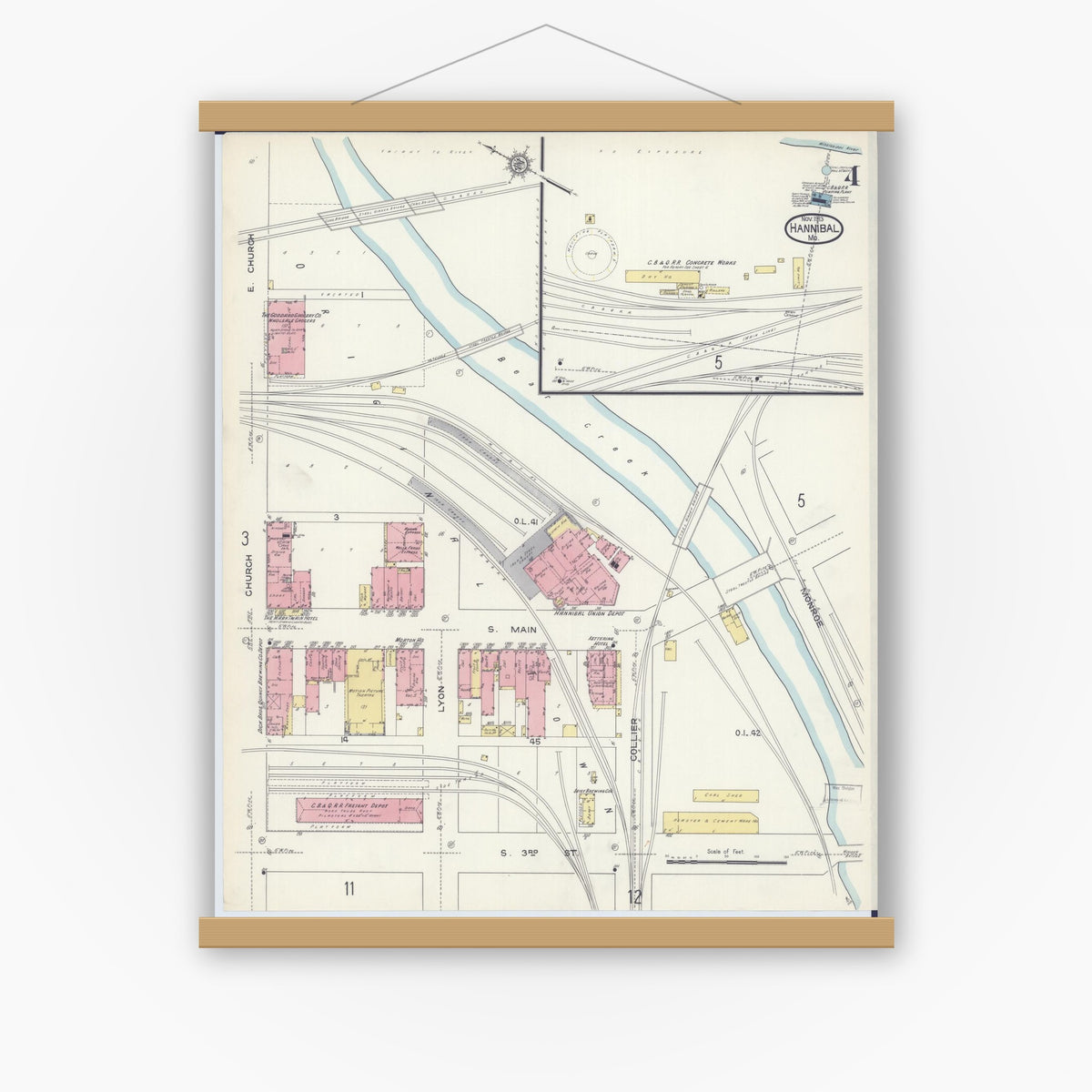 Old map wall art mockup — magnetic wood frame on white wall — Sanborn Fire Insurance Map from Hannibal, Marion County, Missouri (1913), Sheet #0004