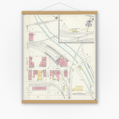 Old map wall art mockup — magnetic wood frame on white wall — Sanborn Fire Insurance Map from Hannibal, Marion County, Missouri (1913), Sheet #0004