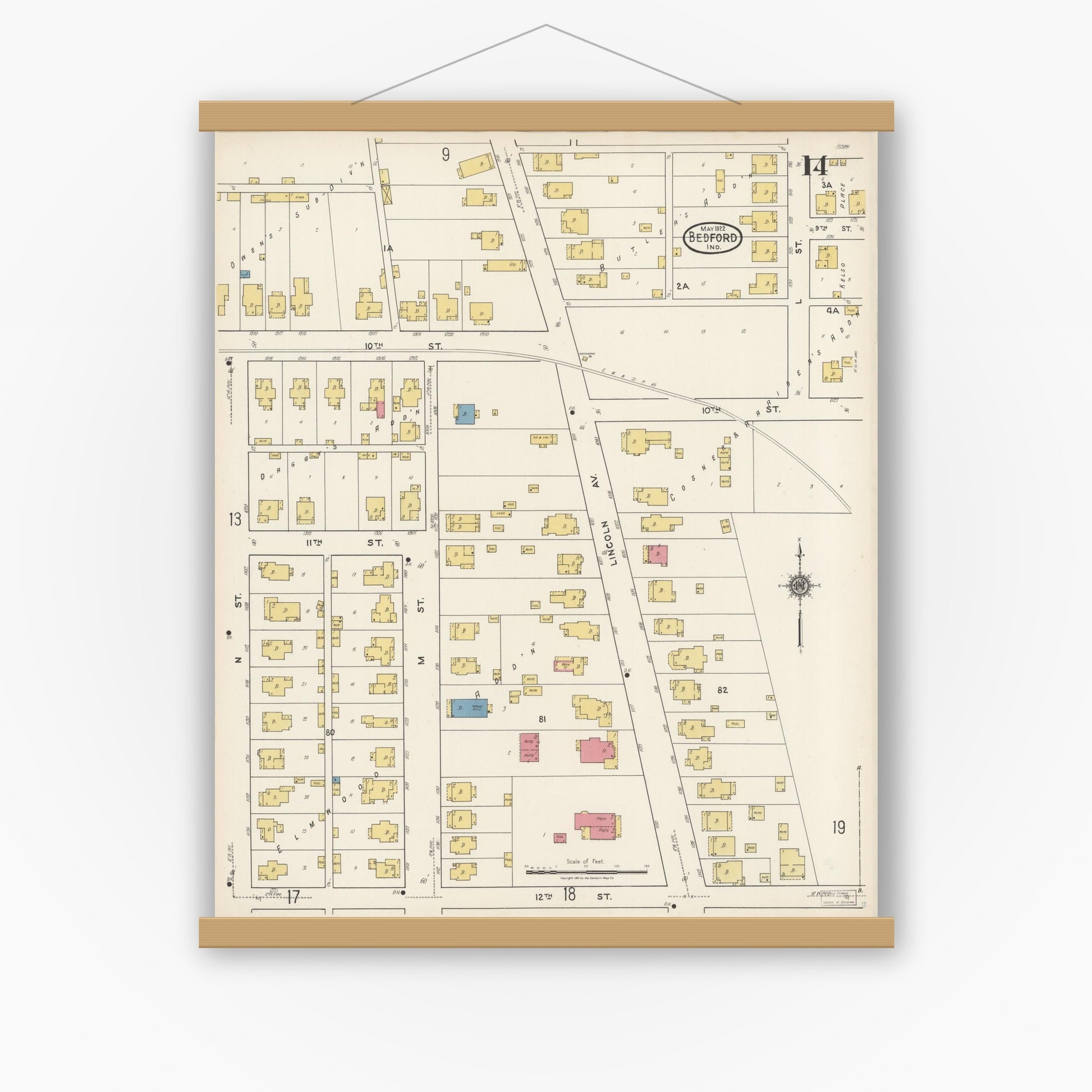 Old map wall art mockup — magnetic wood frame on white wall — Sanborn Fire Insurance Map from Bedford, Lawrence County, Indiana (1922), Sheet #0014