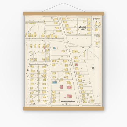 Old map wall art mockup — magnetic wood frame on white wall — Sanborn Fire Insurance Map from Bedford, Lawrence County, Indiana (1922), Sheet #0014