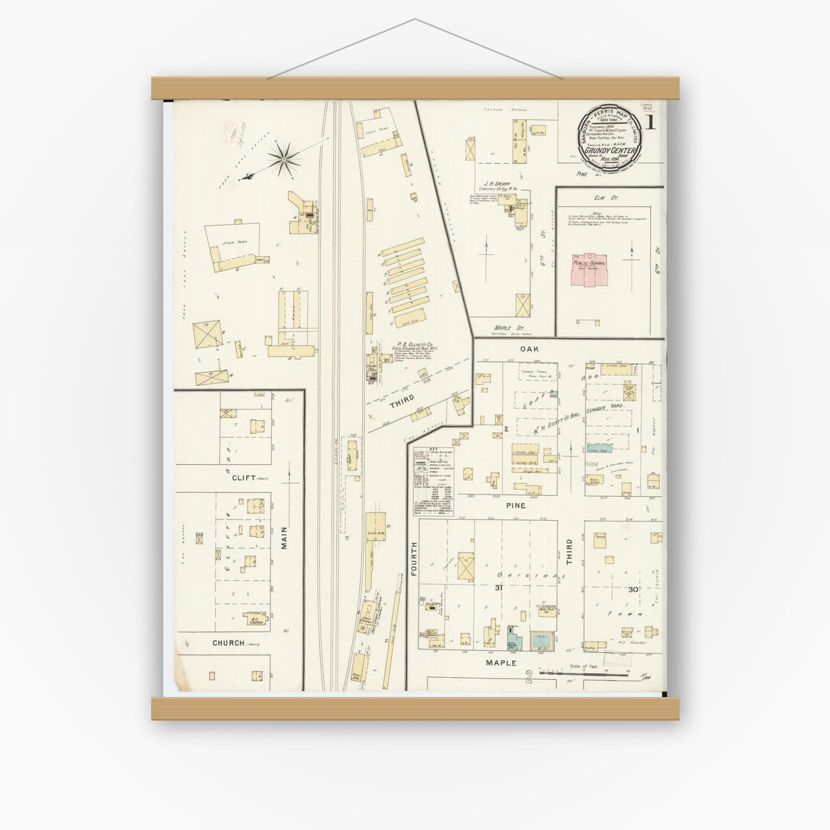 Old map wall art mockup — magnetic wood frame on white wall — Sanborn Fire Insurance Map from Grundy Center, Grundy County, Iowa (1894) â€” Complete Set