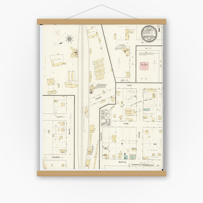 Old map wall art mockup — magnetic wood frame on white wall — Sanborn Fire Insurance Map from Grundy Center, Grundy County, Iowa (1894) â€” Complete Set
