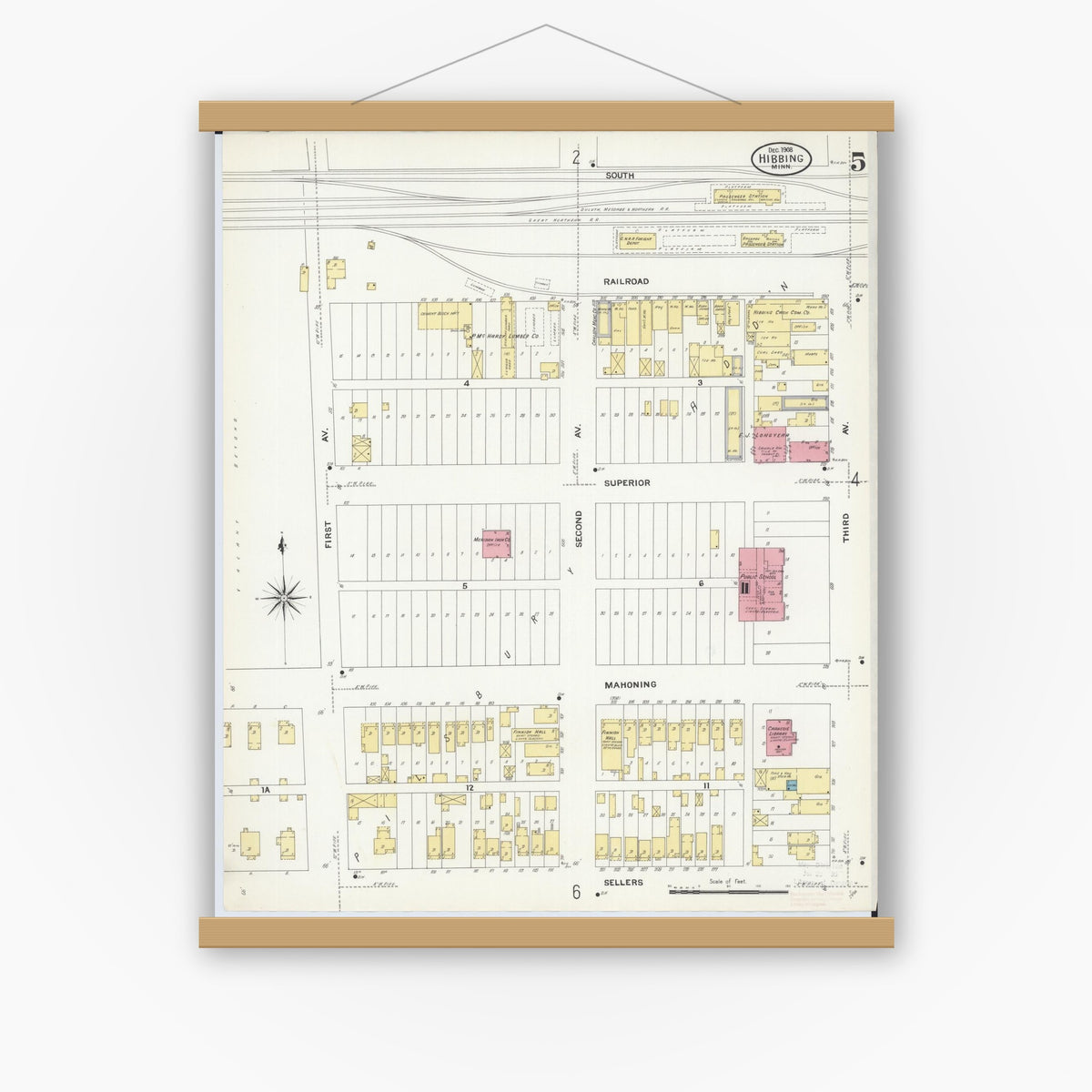 Old map wall art mockup — magnetic wood frame on white wall — Sanborn Fire Insurance Map from Hibbing, Saint Louis County, Minnesota (1908), Sheet #0005