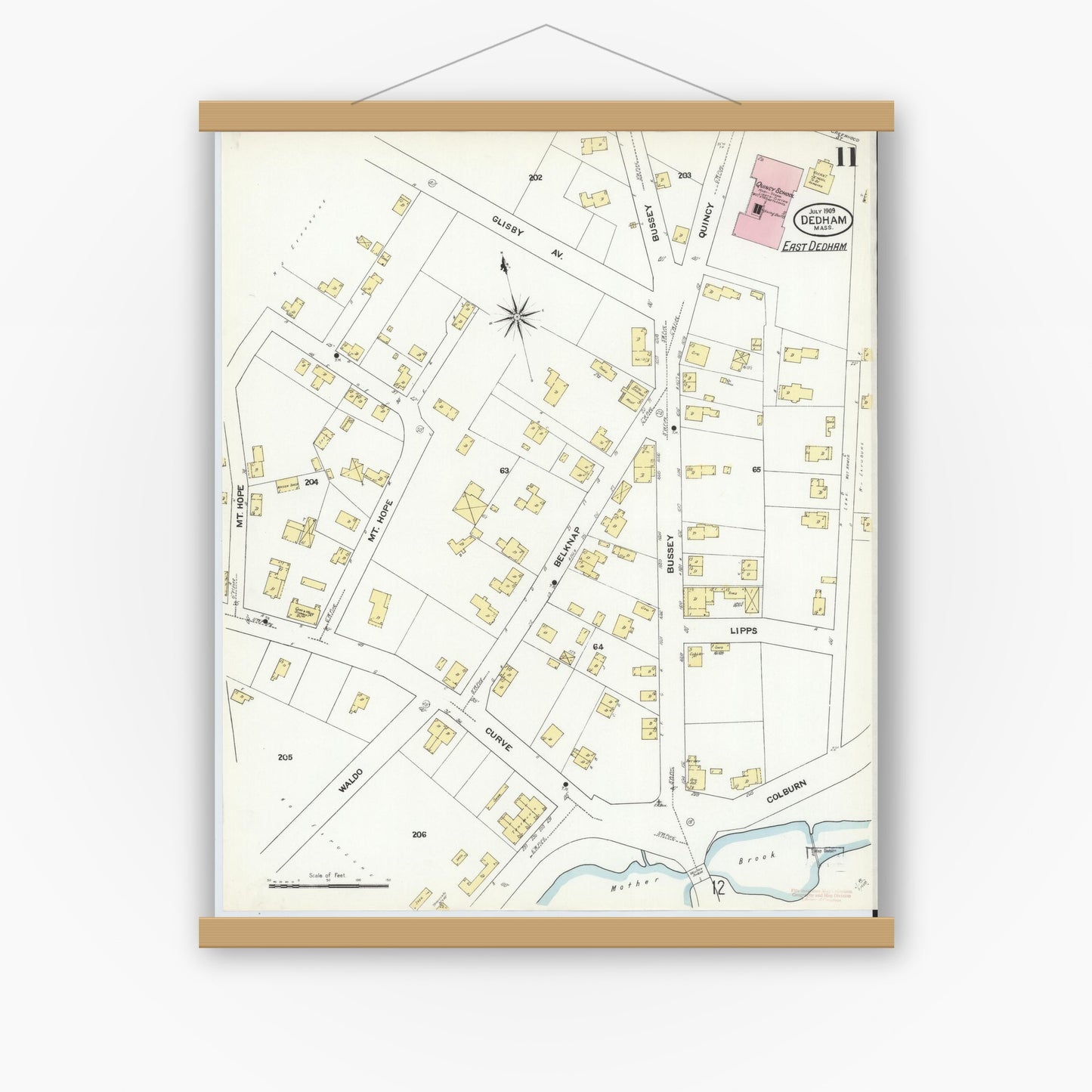 Old map wall art mockup — magnetic wood frame on white wall — Sanborn Fire Insurance Map from Dedham, Norfolk County, Massachusetts (1909), Sheet #0011