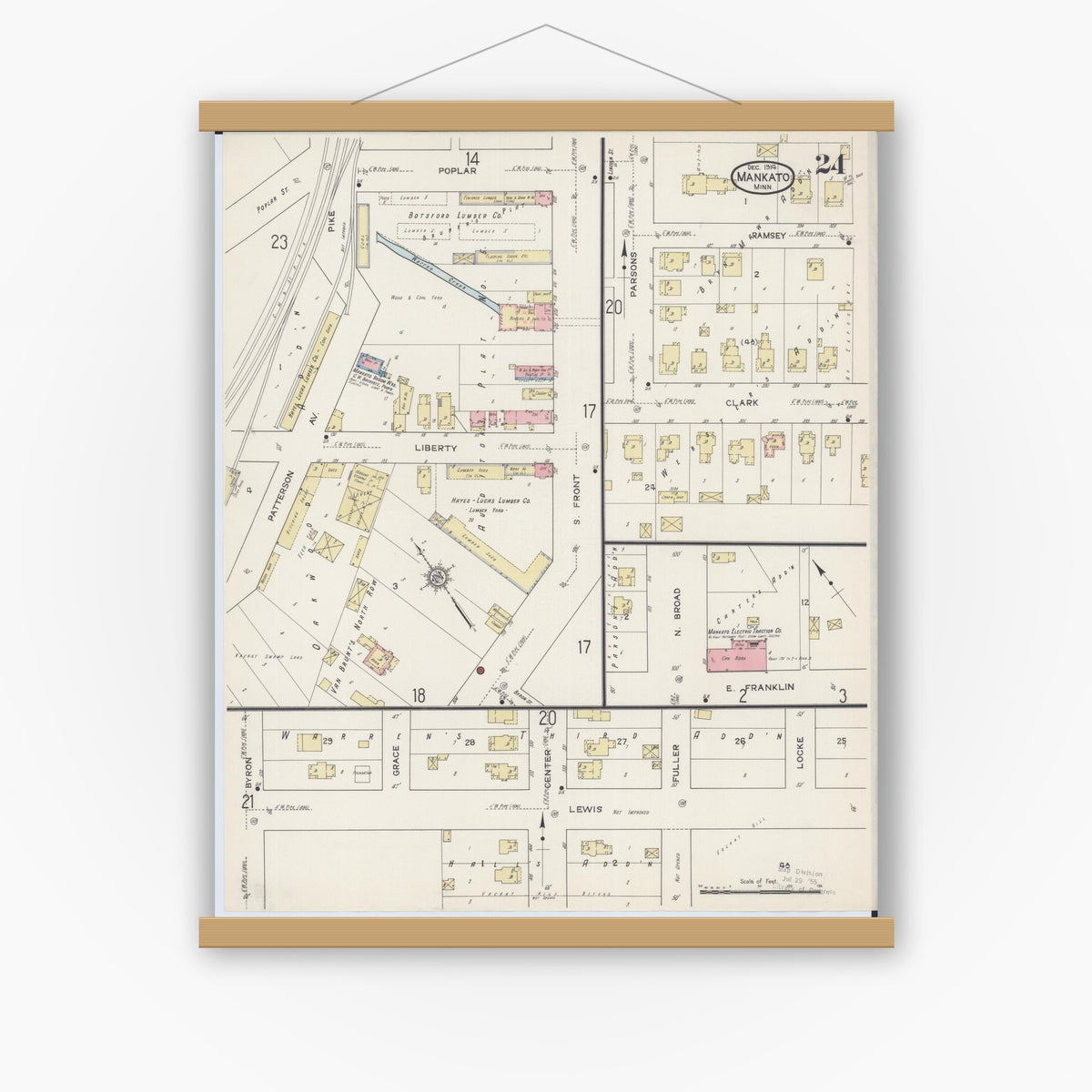 Old map wall art mockup — magnetic wood frame on white wall — Sanborn Fire Insurance Map from Mankato, Blue Earth County, Minnesota (1914), Sheet #0024