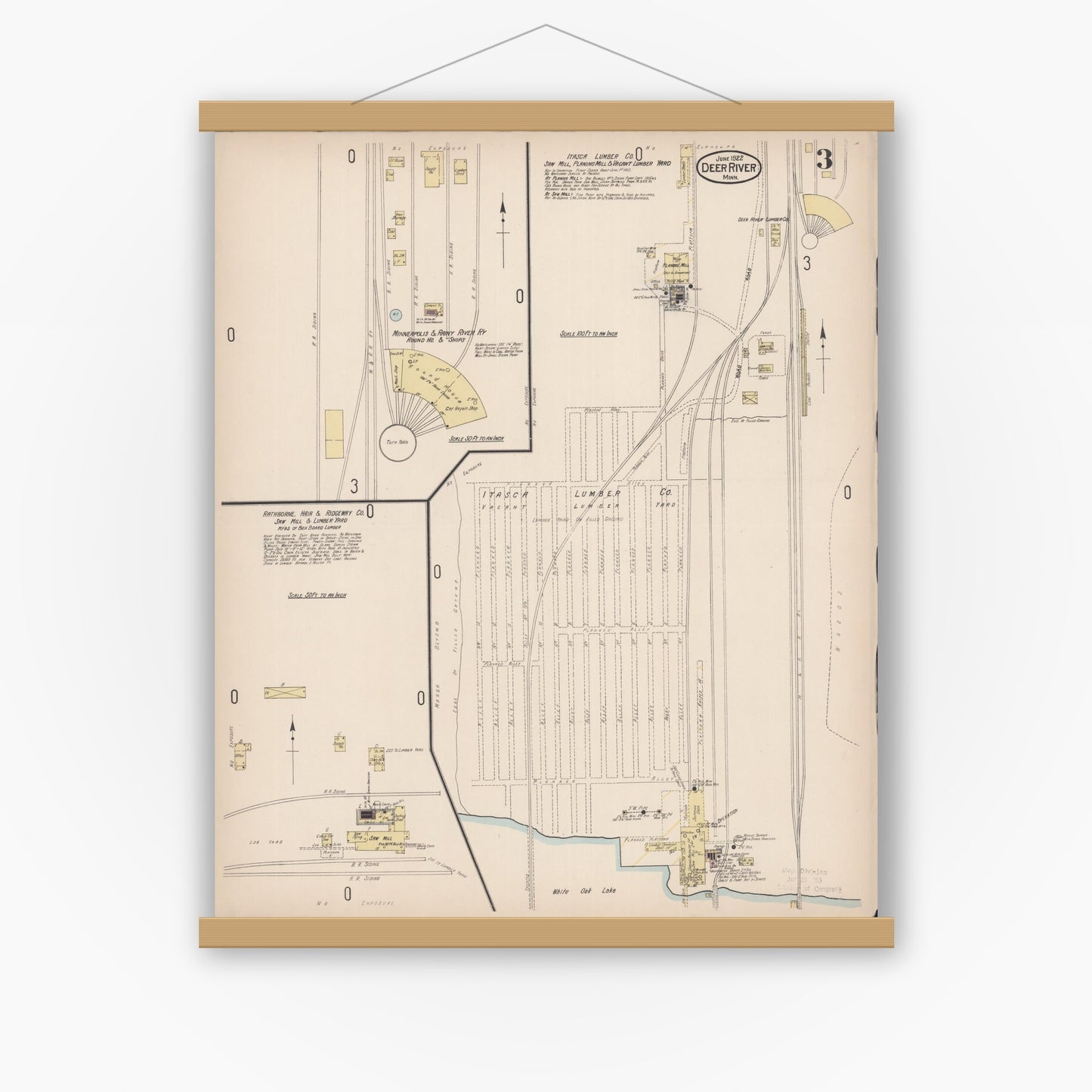 Old map wall art mockup — magnetic wood frame on white wall — Sanborn Fire Insurance Map from Deer River, Itasca County, Minnesota (1922), Sheet #0003