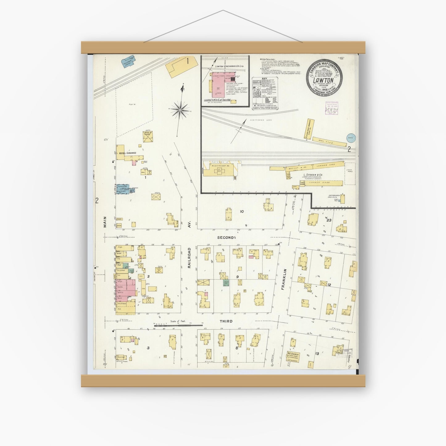 Old map wall art mockup — magnetic wood frame on white wall — Sanborn Fire Insurance Map from Lawton, Van Buren County, Michigan (1908) - Complete Map Set