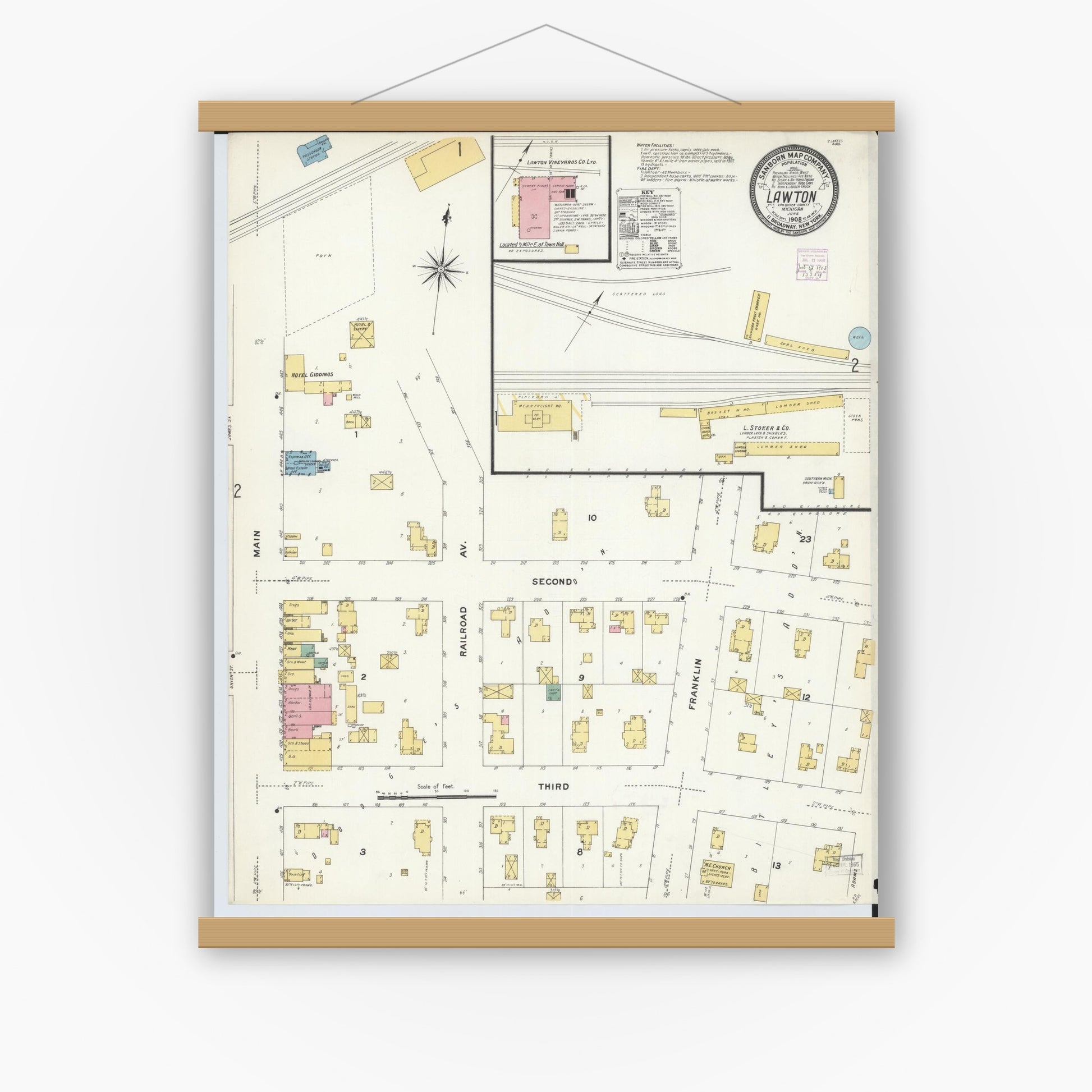Old map wall art mockup — magnetic wood frame on white wall — Sanborn Fire Insurance Map from Lawton, Van Buren County, Michigan (1908) - Complete Map Set