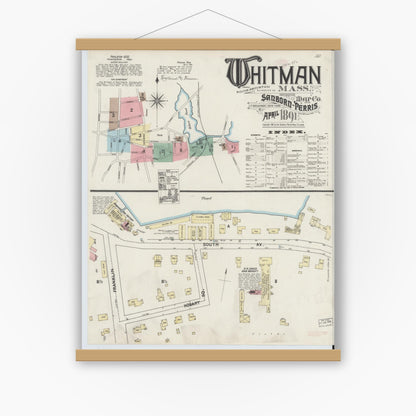 Old map wall art mockup — magnetic wood frame on white wall — Sanborn Fire Insurance Map from Whitman, Plymouth County, Massachusetts (1891) - Complete Map Set