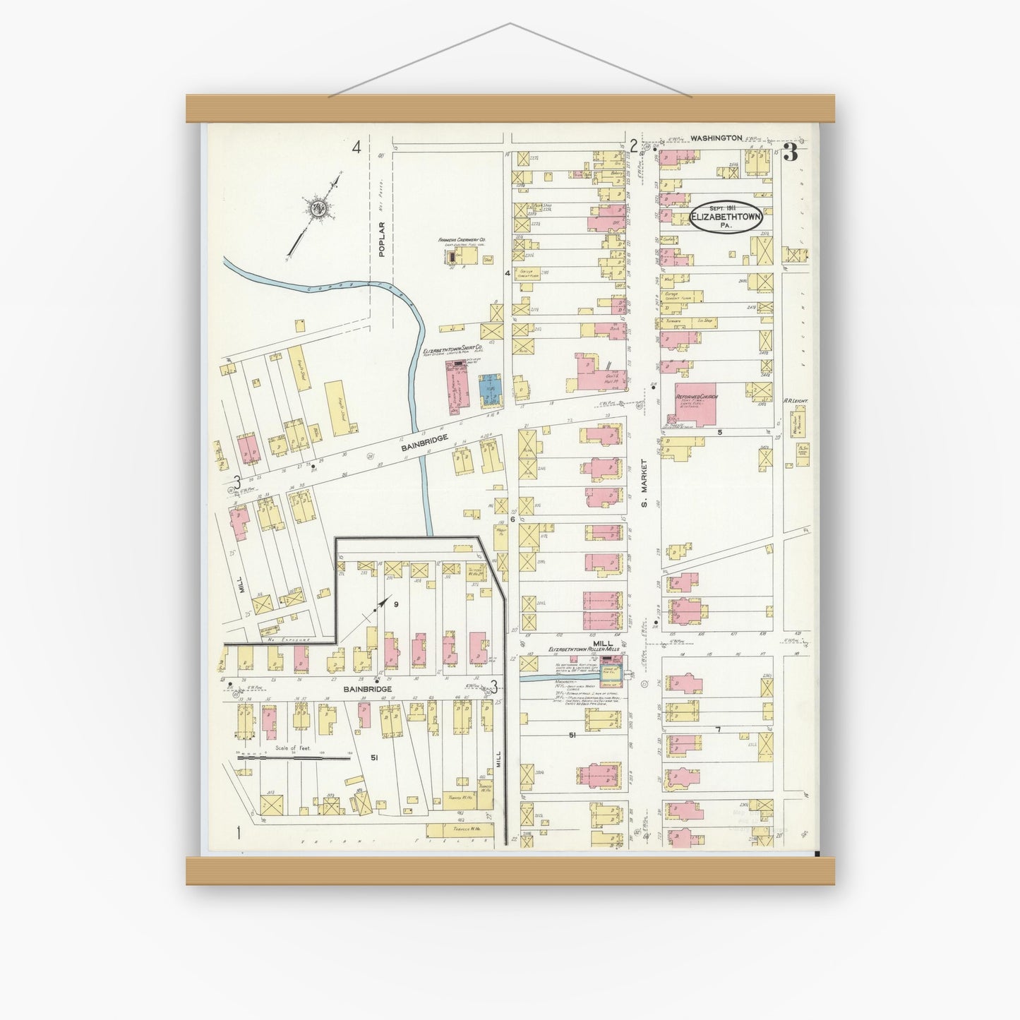 Old map wall art mockup — magnetic wood frame on white wall — Sanborn Fire Insurance Map from Elizabethtown, Lancaster County, Pennsylvania (1911), Sheet #0003