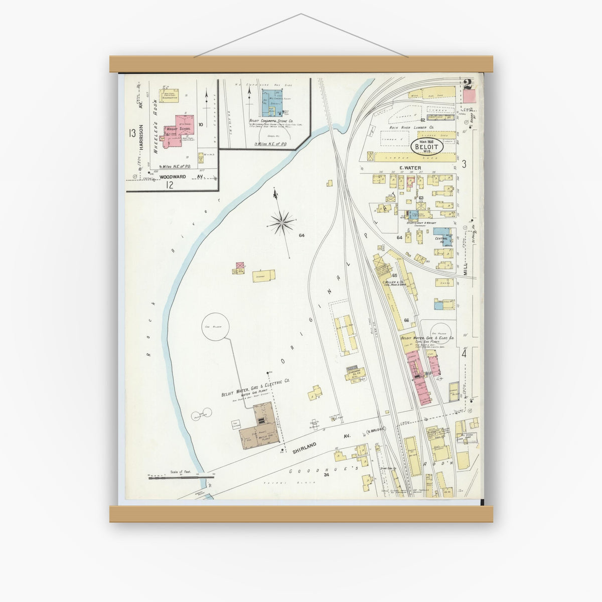 Old map wall art mockup — magnetic wood frame on white wall — Sanborn Fire Insurance Map from Beloit, Rock County, Wisconsin (1908), Sheet #0002
