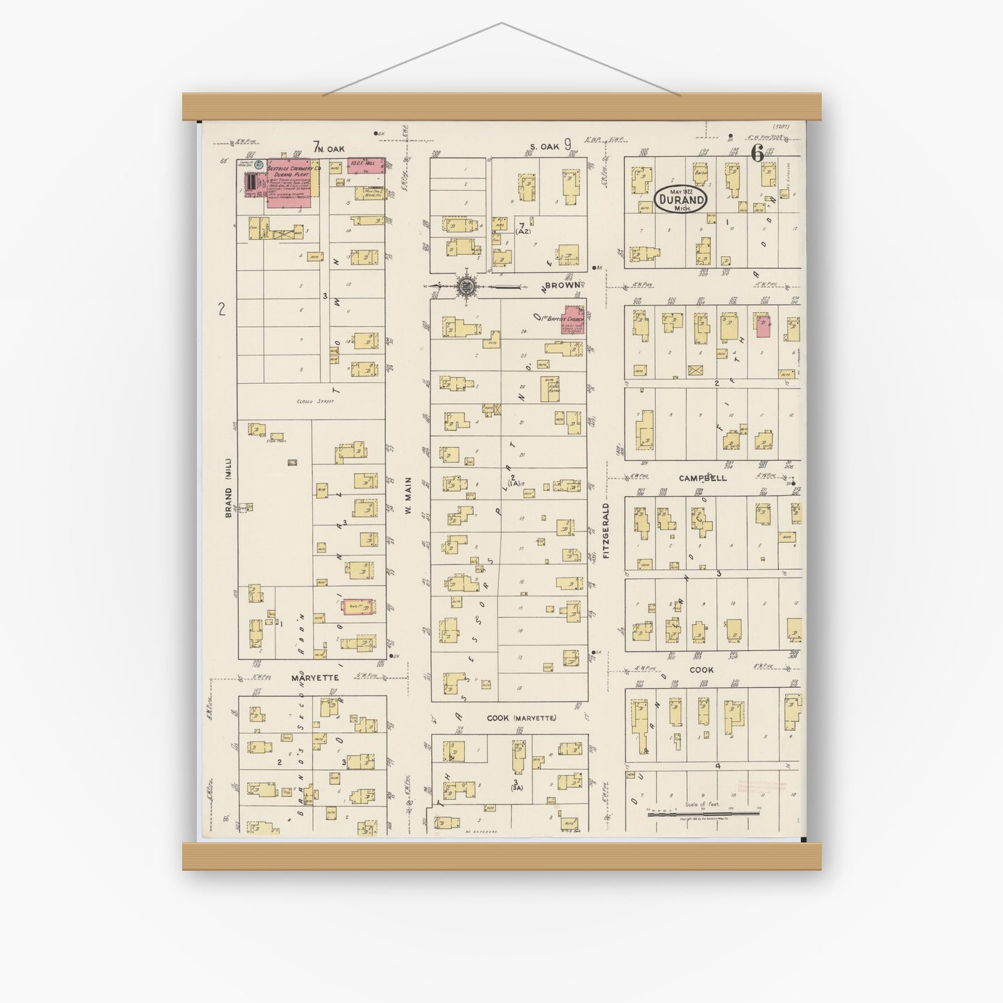 Old map wall art mockup — magnetic wood frame on white wall — Sanborn Fire Insurance Map from Durand, Shiawassee County, Michigan (1922), Sheet #0006