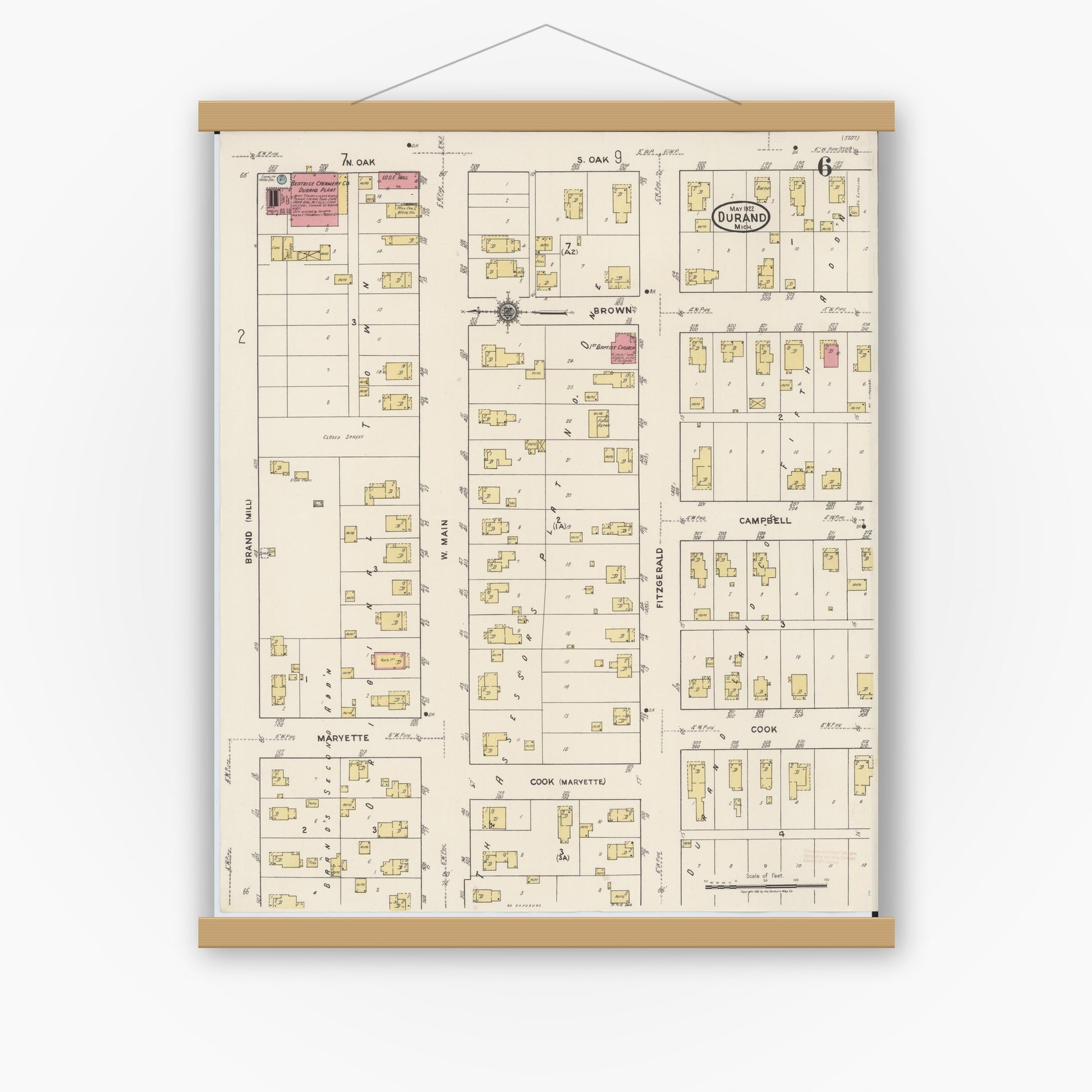 Old map wall art mockup — magnetic wood frame on white wall — Sanborn Fire Insurance Map from Durand, Shiawassee County, Michigan (1922), Sheet #0006