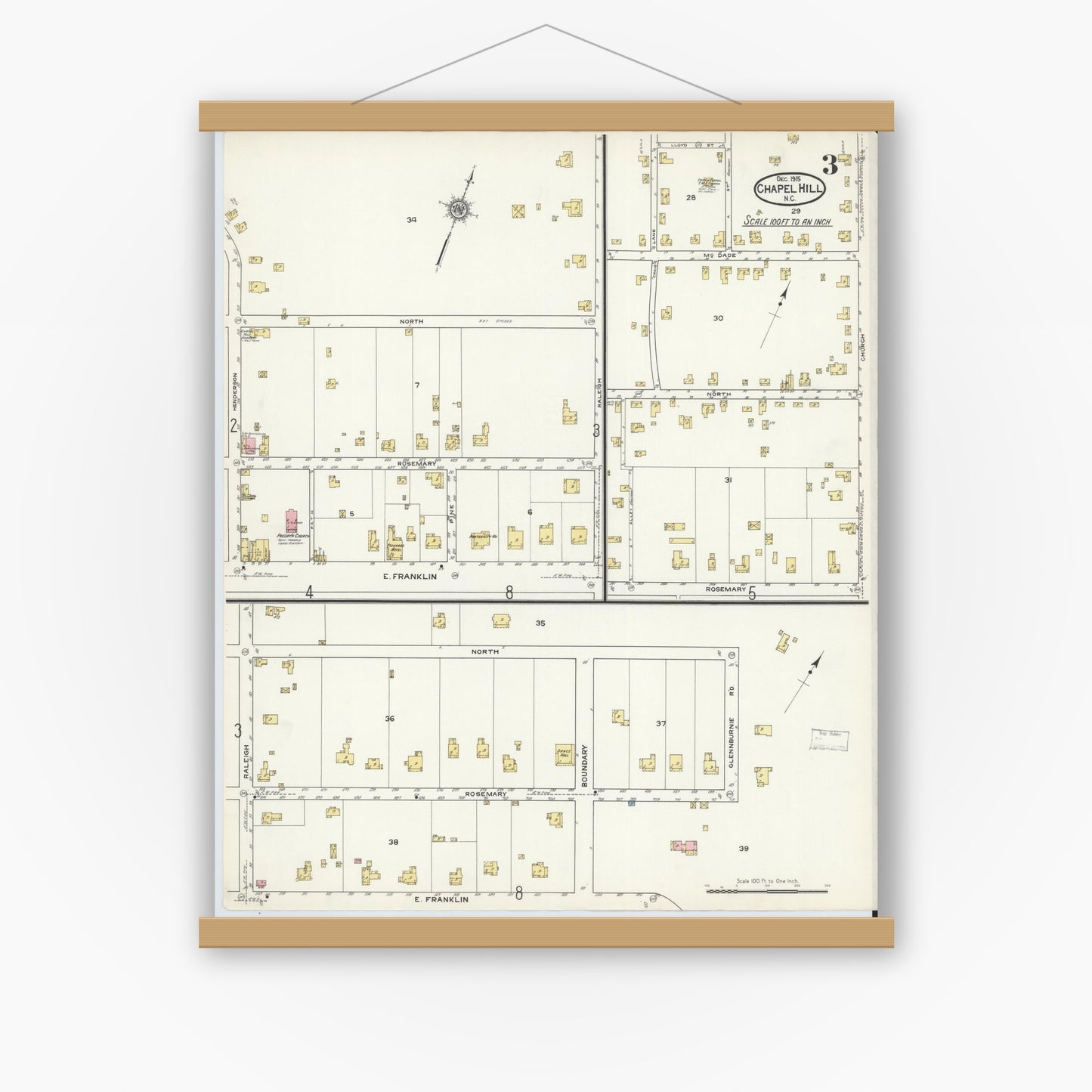 Old map wall art mockup — magnetic wood frame on white wall — Sanborn Fire Insurance Map from Chapel Hill, Orange County, North Carolina (1915), Sheet #0003