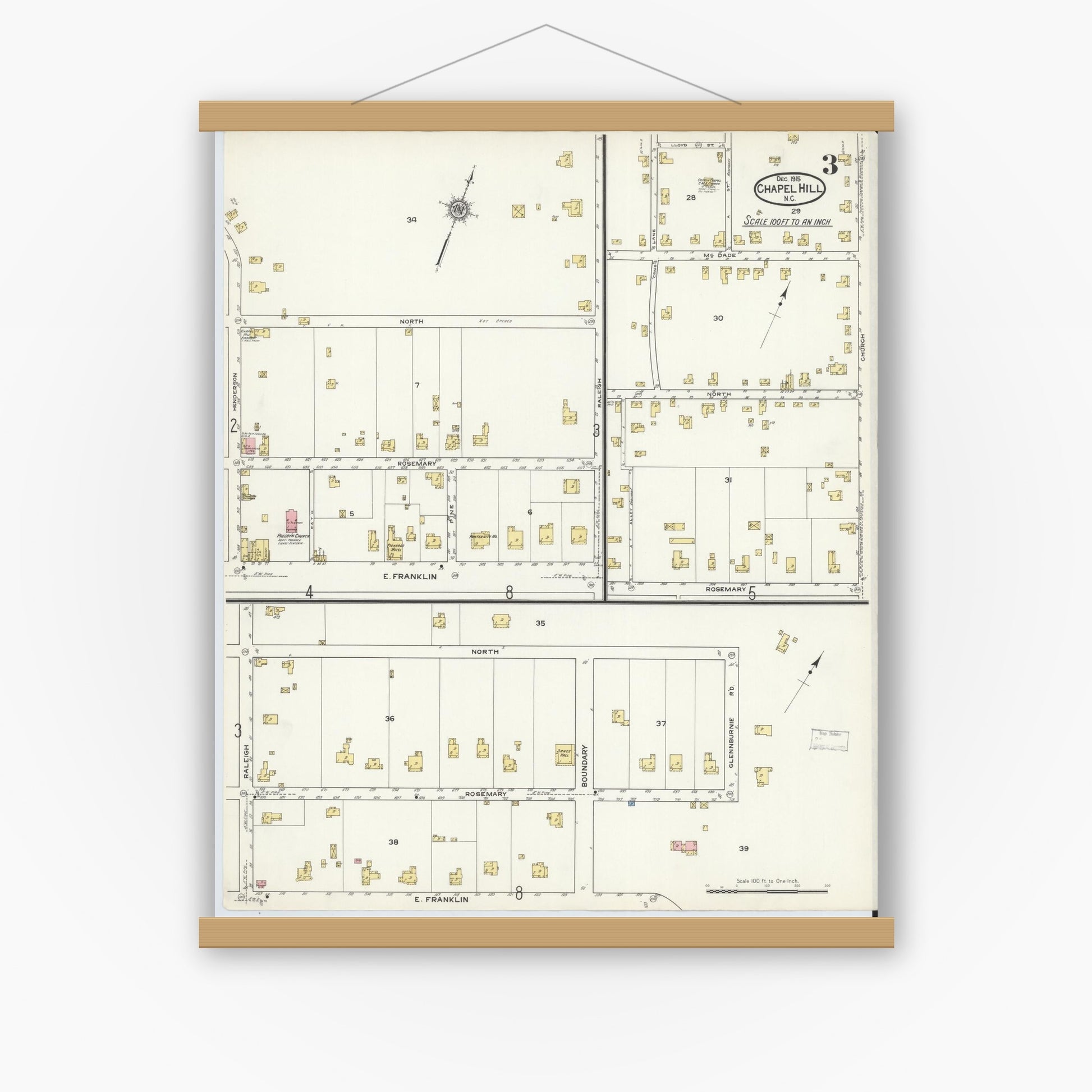 Old map wall art mockup — magnetic wood frame on white wall — Sanborn Fire Insurance Map from Chapel Hill, Orange County, North Carolina (1915), Sheet #0003