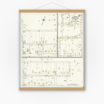 Old map wall art mockup — magnetic wood frame on white wall — Sanborn Fire Insurance Map from Chapel Hill, Orange County, North Carolina (1915), Sheet #0003