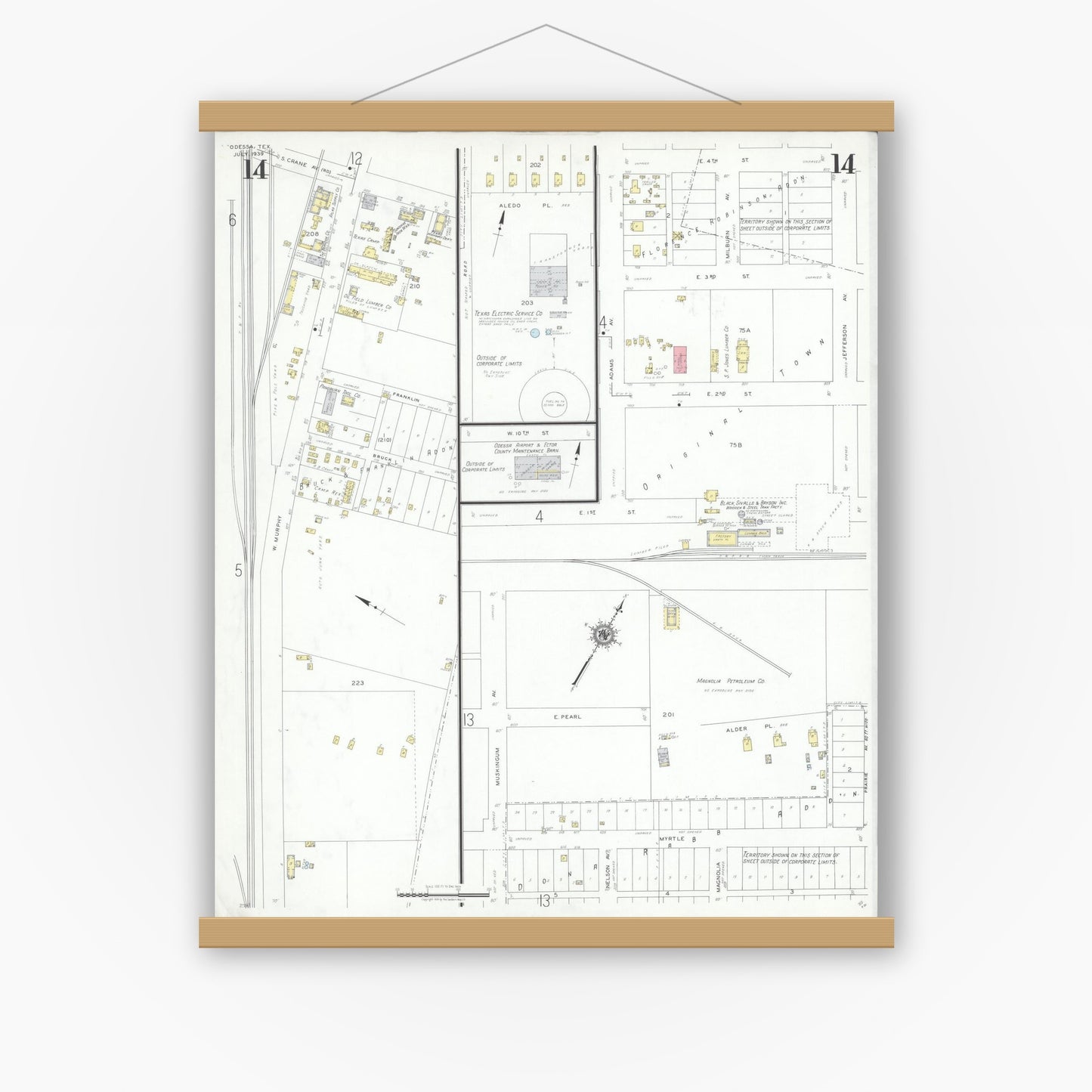 Old map wall art mockup — magnetic wood frame on white wall — Sanborn Fire Insurance Map from Odessa, Edger County, Texas (1939), Sheet #0014