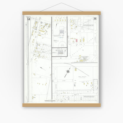 Old map wall art mockup — magnetic wood frame on white wall — Sanborn Fire Insurance Map from Odessa, Edger County, Texas (1939), Sheet #0014