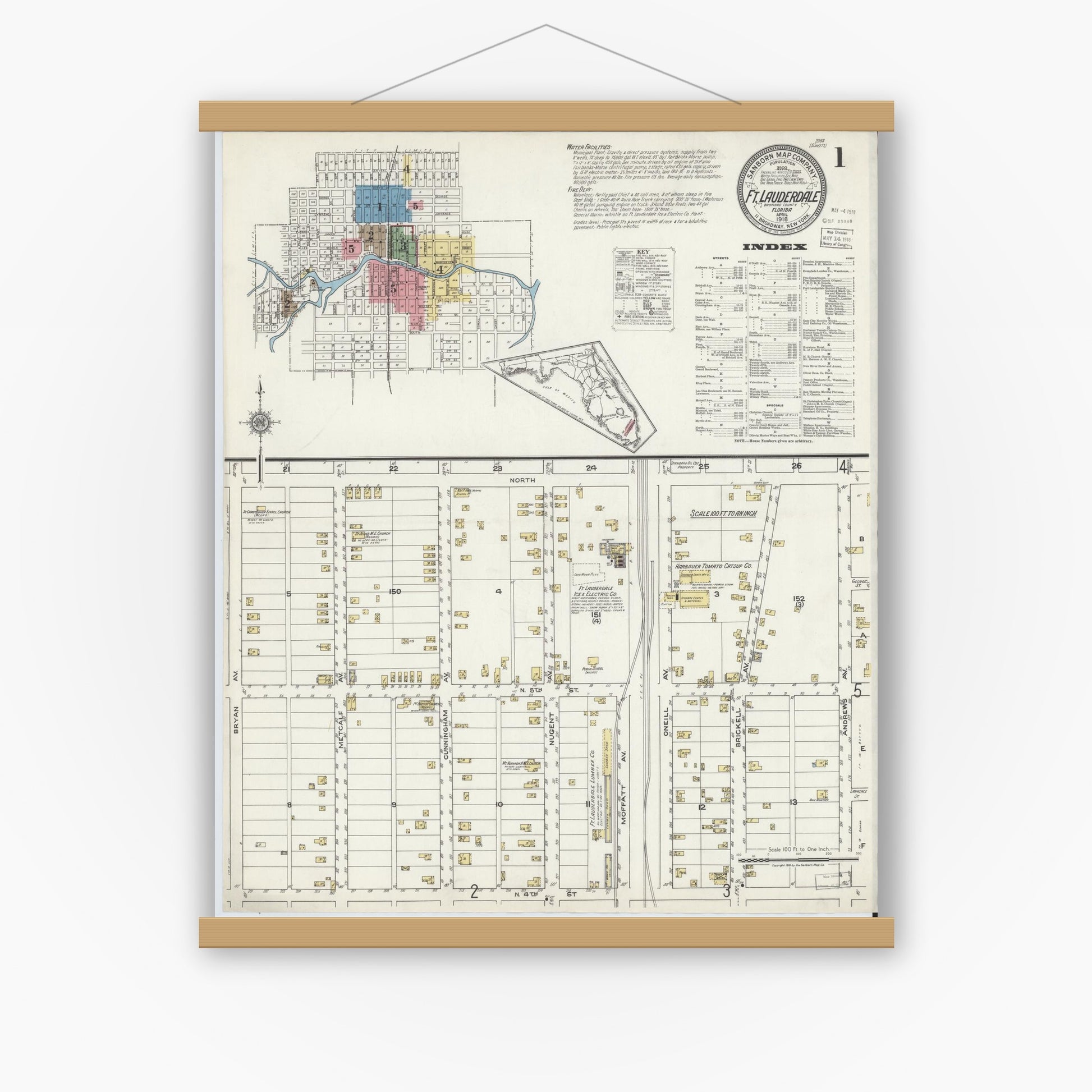 Old map wall art mockup — magnetic wood frame on white wall — Sanborn Fire Insurance Map from Fort Lauderdale, Broward County, Florida (1918) - Complete Map Set
