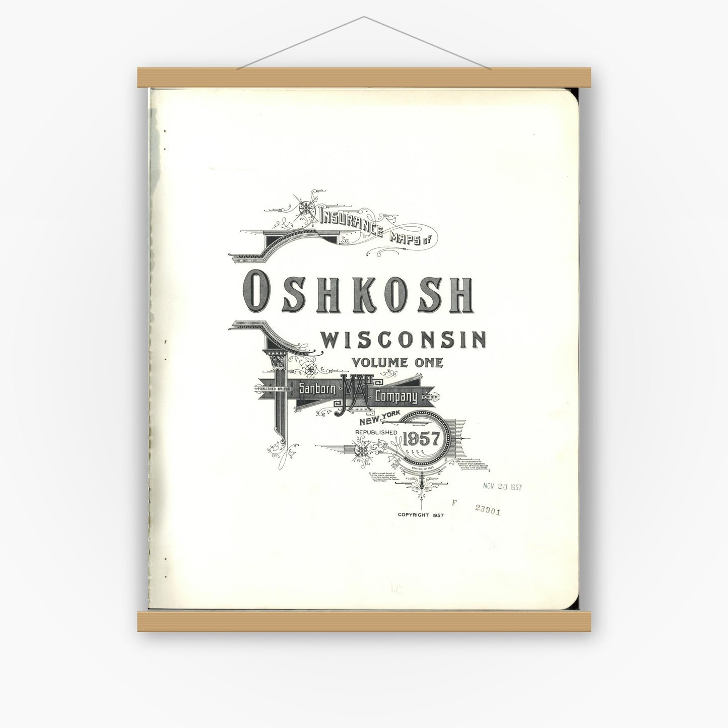 Old map wall art mockup — magnetic wood frame on white wall — Sanborn Fire Insurance Map from Oshkosh, Winnebago County, Wisconsin (1957), Sheet #0001