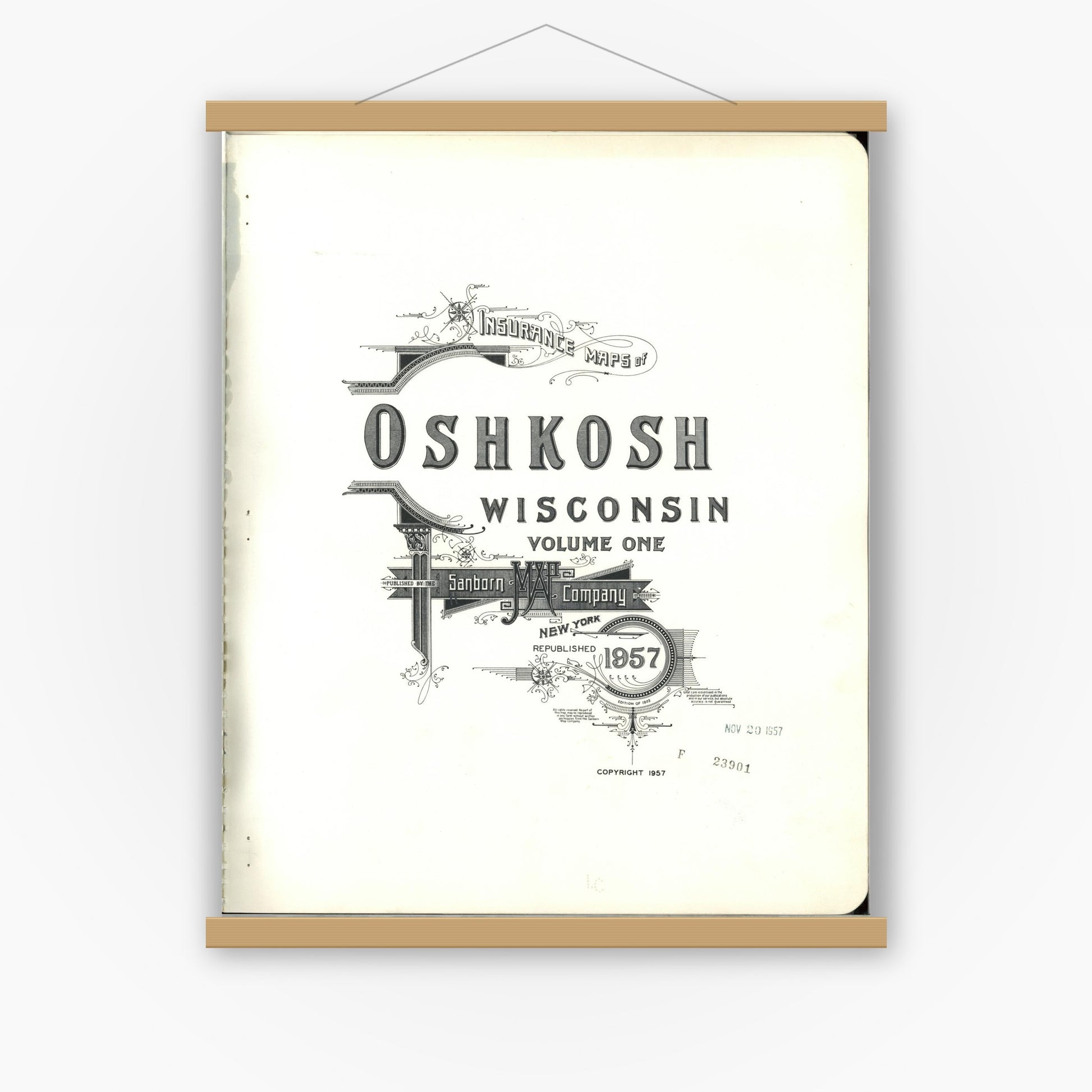Old map wall art mockup — magnetic wood frame on white wall — Sanborn Fire Insurance Map from Oshkosh, Winnebago County, Wisconsin (1957), Sheet #0001