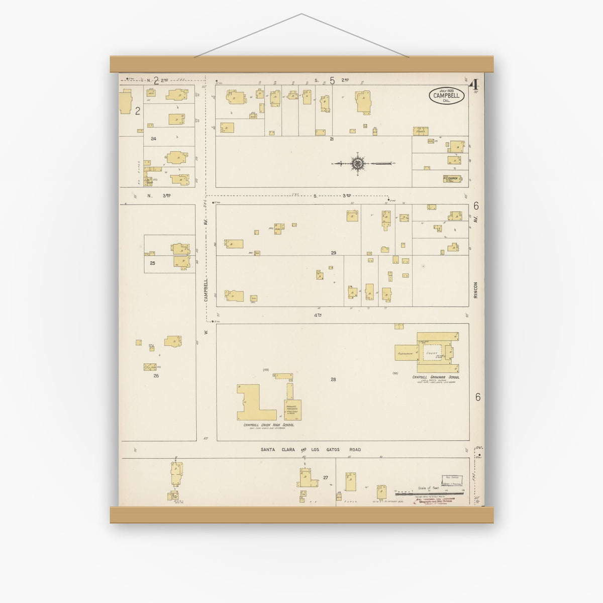 Old map wall art mockup — magnetic wood frame on white wall — Sanborn Fire Insurance Map from Campbell, Santa Clara County, California (1920), Sheet #0004