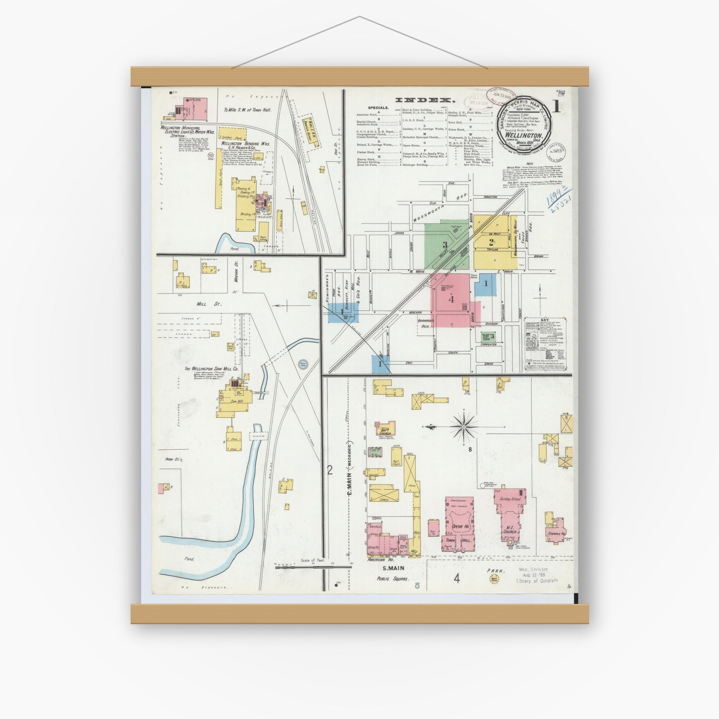 Old map wall art mockup — magnetic wood frame on white wall — Sanborn Fire Insurance Map from Wellington, Lorain County, Ohio (1899) - Complete Map Set